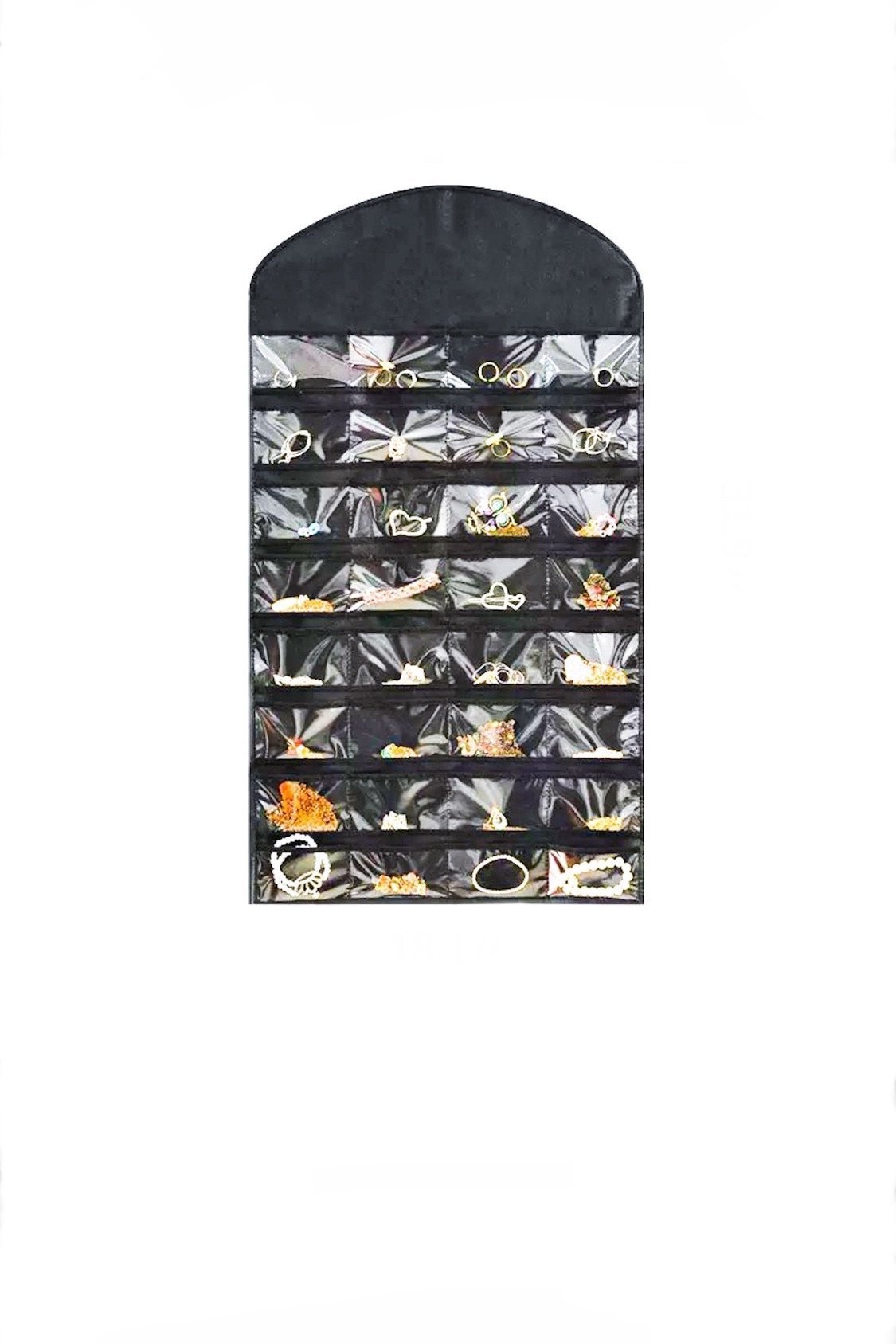 A black 32 pocket hanging closet organizer made of polyester, featuring clear pockets for easy visibility of jewelry and accessories.