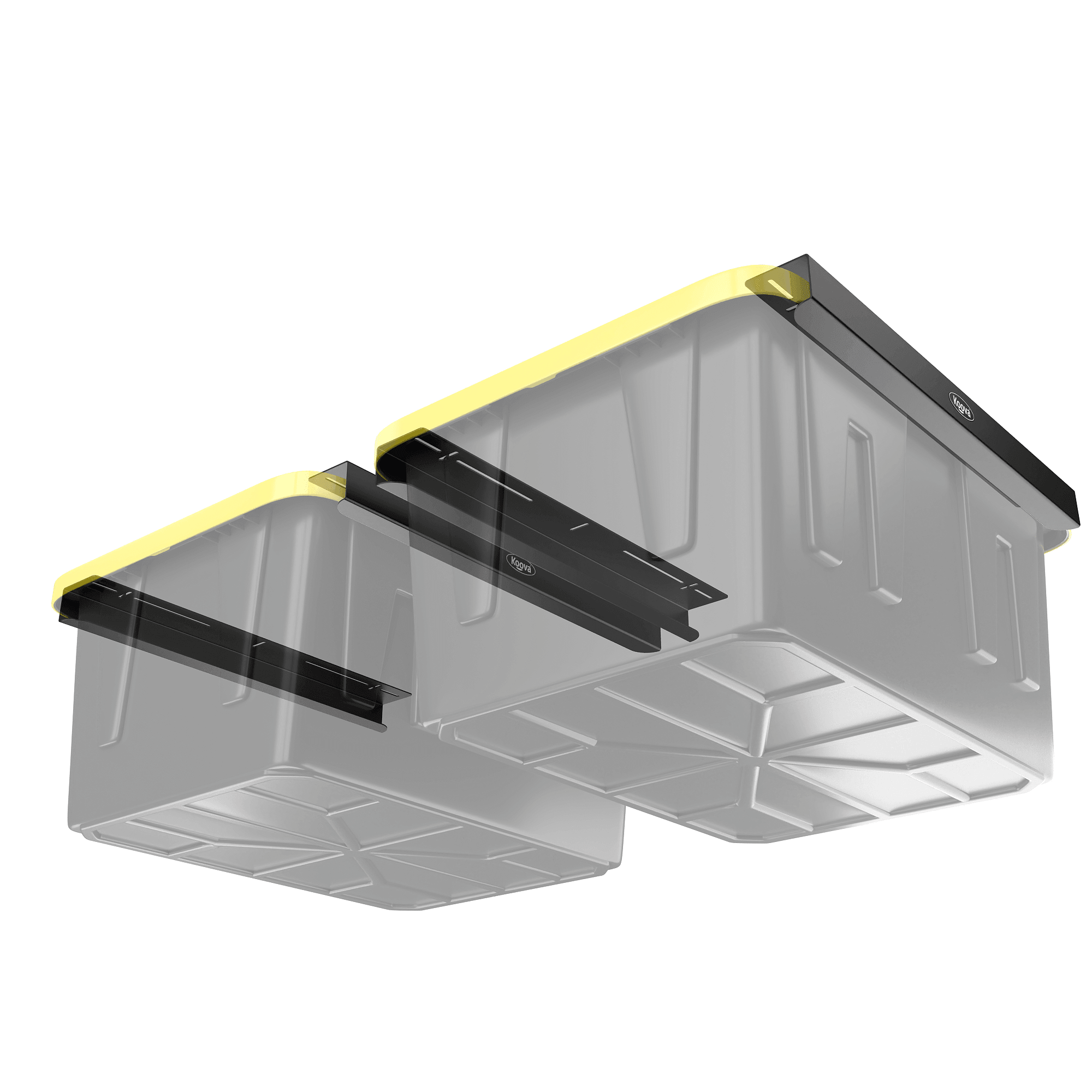 Koova Overhead Storage Bin Rail System installed in a garage, holding black and yellow storage bins off the floor, showcasing a clean and organized space.