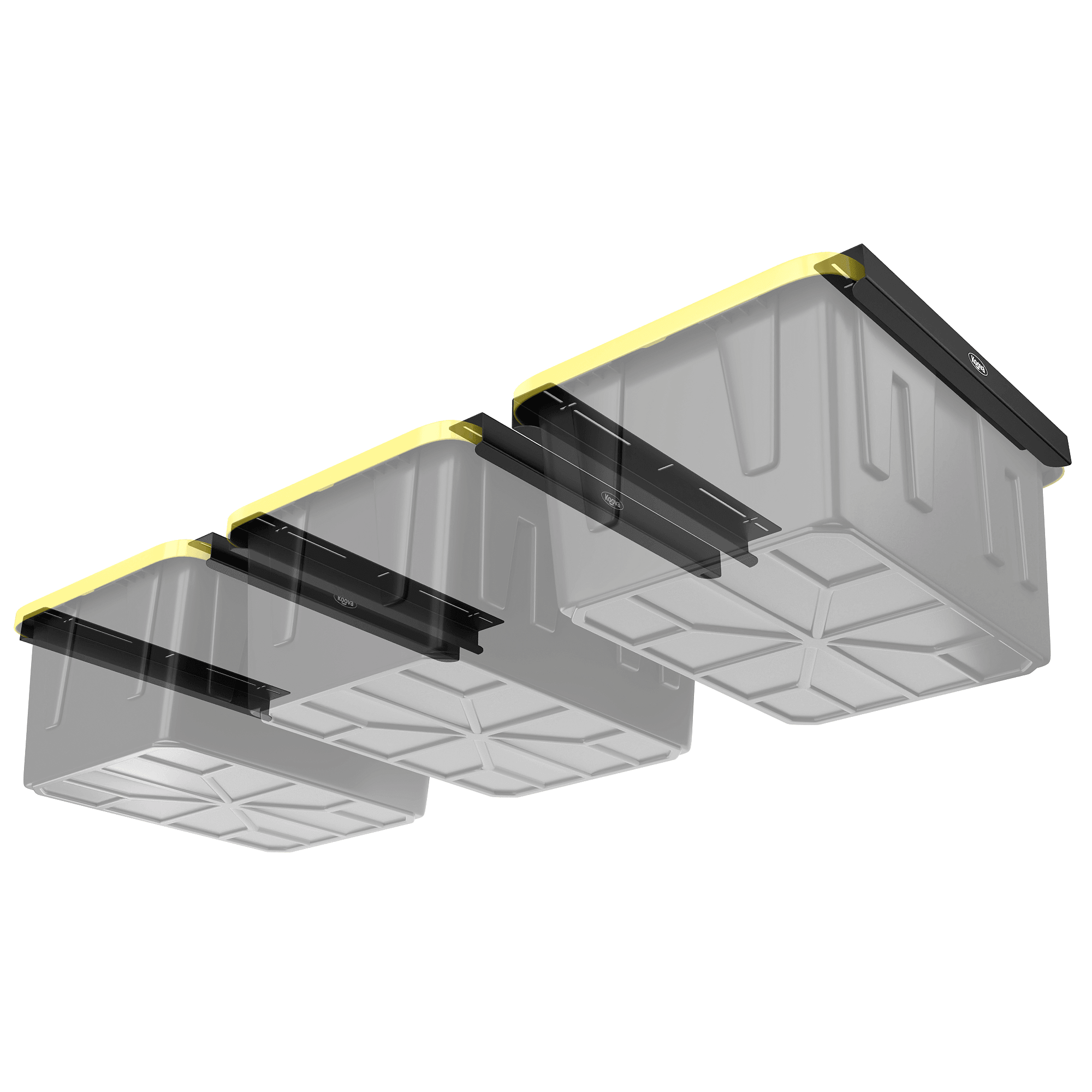 Koova Overhead Storage Bin Rail System installed in a garage, holding black and yellow storage bins off the floor, showcasing a clean and organized space.