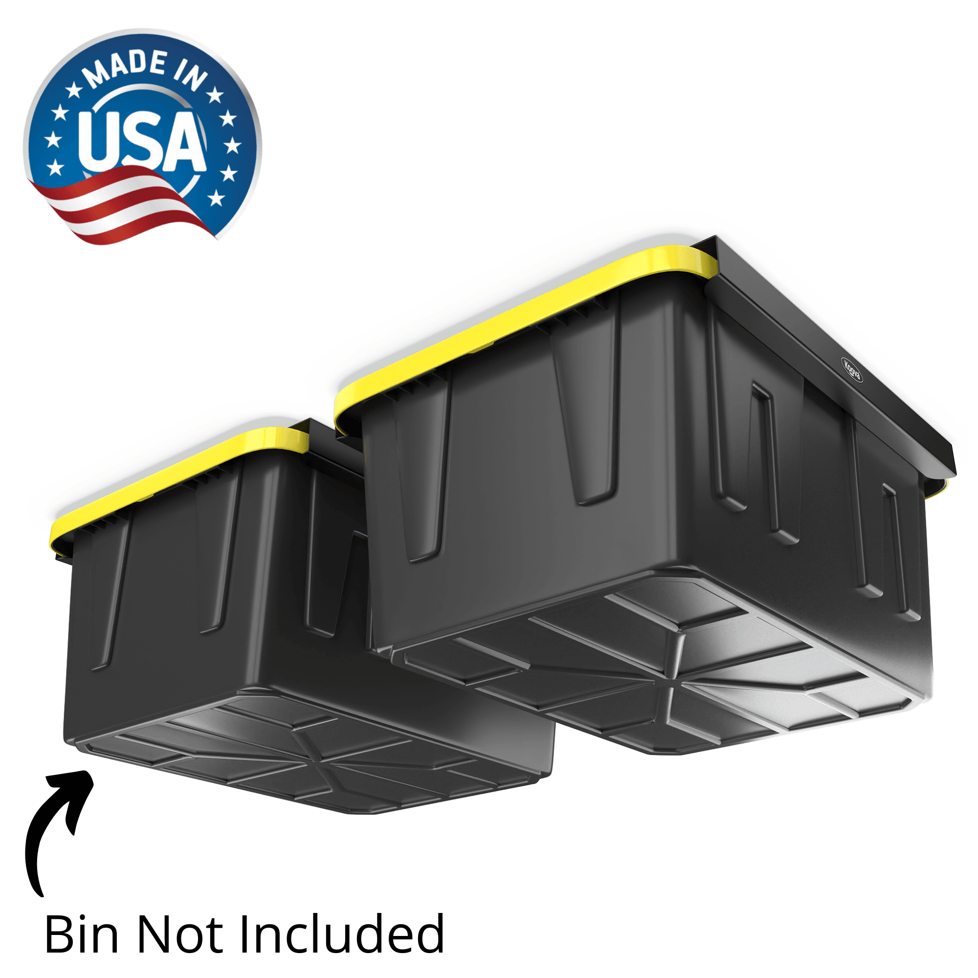 Koova Overhead Storage Bin Rail System installed in a garage, holding black and yellow storage bins off the floor, showcasing a clean and organized space.