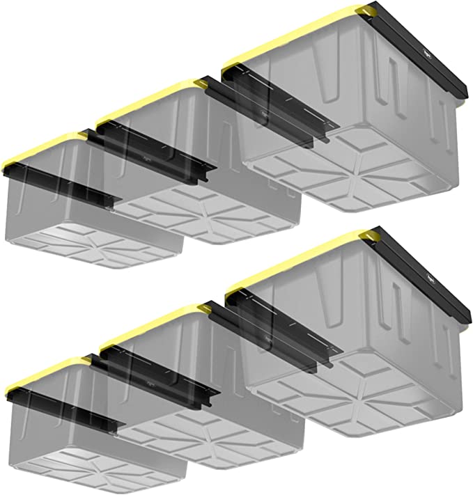 Koova Overhead Storage Bin Rail System installed in a garage, holding black and yellow storage bins off the floor, showcasing a clean and organized space.