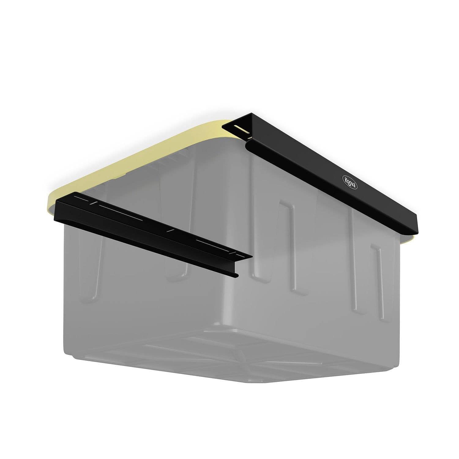 Koova Overhead Storage Bin Rail System installed in a garage, holding black and yellow storage bins off the floor, showcasing a clean and organized space.