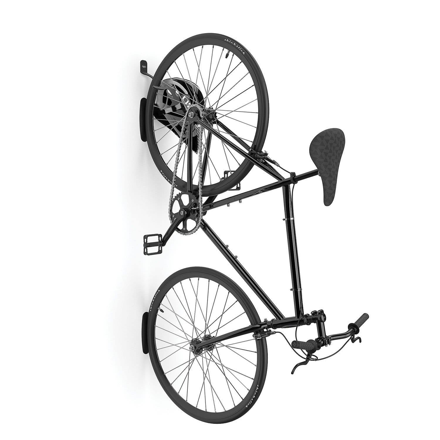 Single Bike Vertical Wall Mounted Hook made of heavy-gauge steel, featuring a rubber-coated hook to protect bike rims, ideal for efficient bike storage.