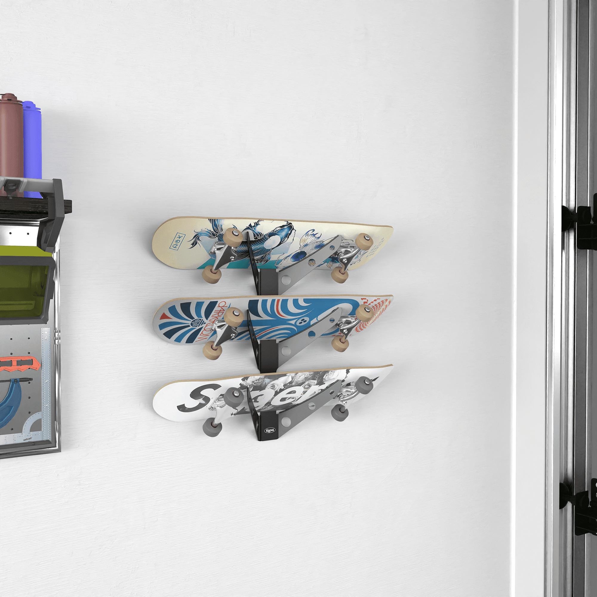 Wall-mounted skateboard rack holding 1 to 3 skateboards, showcasing durable powder-coated steel construction and stylish design.