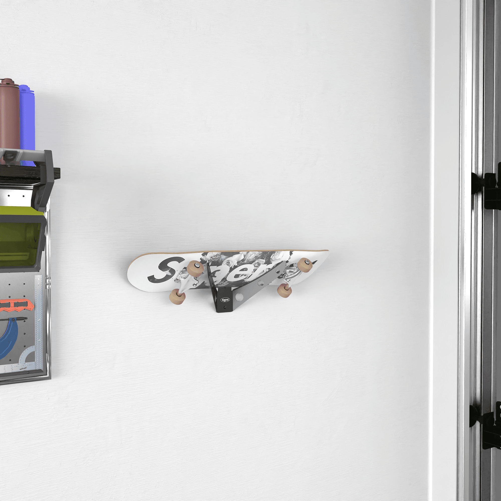 Wall-mounted skateboard rack holding 1 to 3 skateboards, showcasing durable powder-coated steel construction and stylish design.