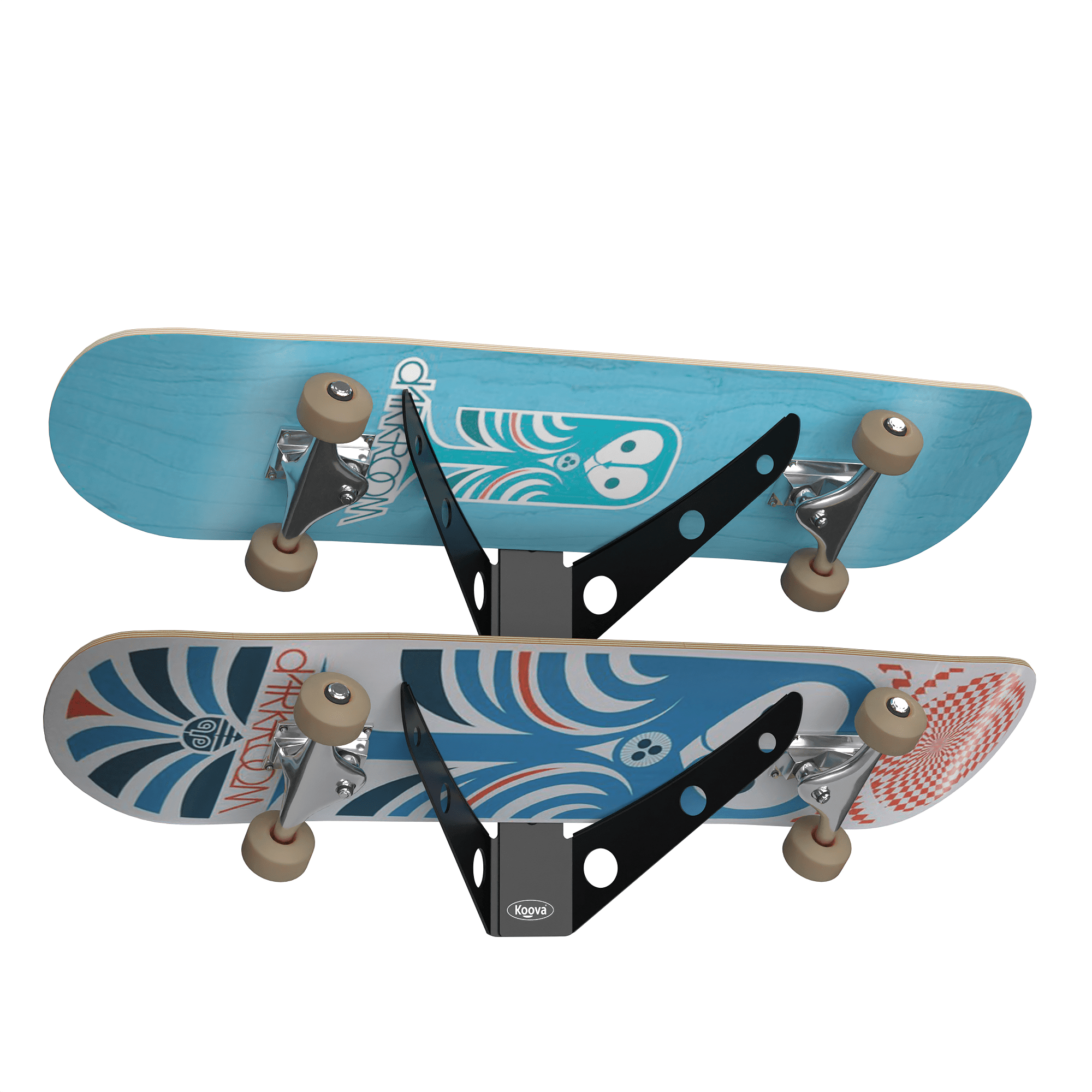 Wall-mounted skateboard rack holding 1 to 3 skateboards, showcasing durable powder-coated steel construction and stylish design.