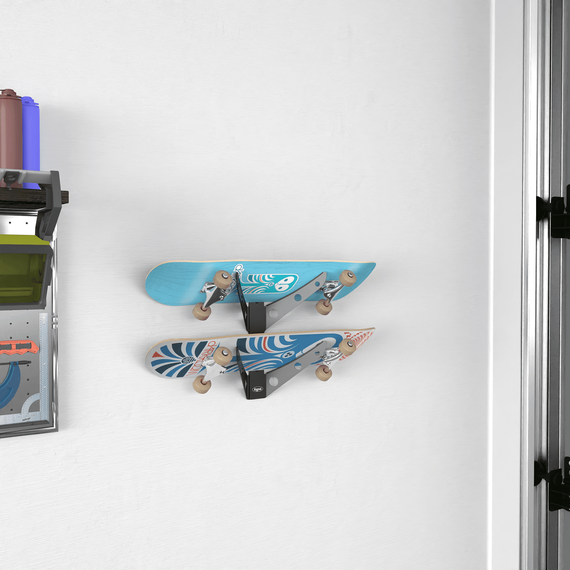 Wall-mounted skateboard rack holding 1 to 3 skateboards, showcasing durable powder-coated steel construction and stylish design.