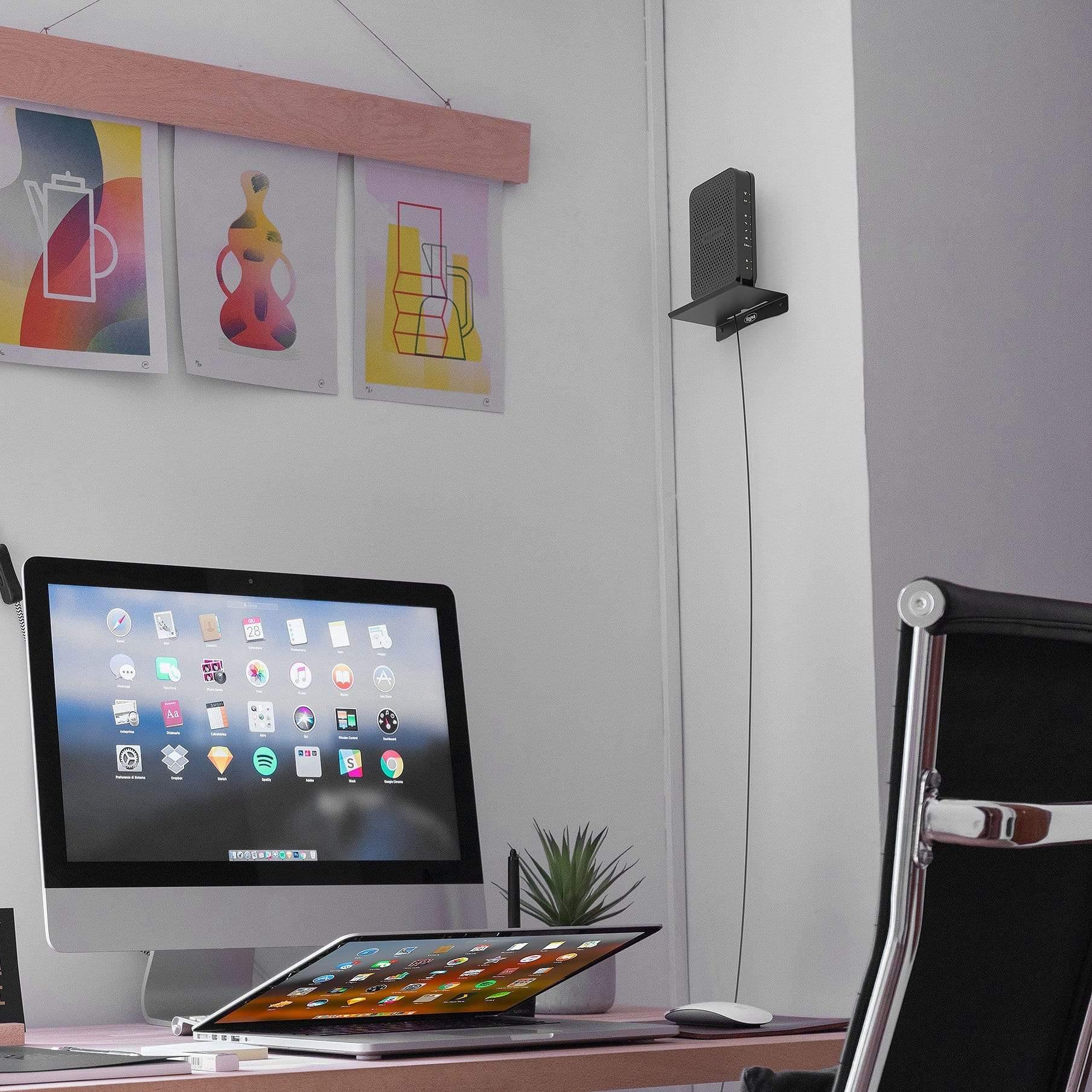 Small Router or Speaker Shelf mounted on a wall, showcasing a router and speaker neatly organized with concealed wiring.