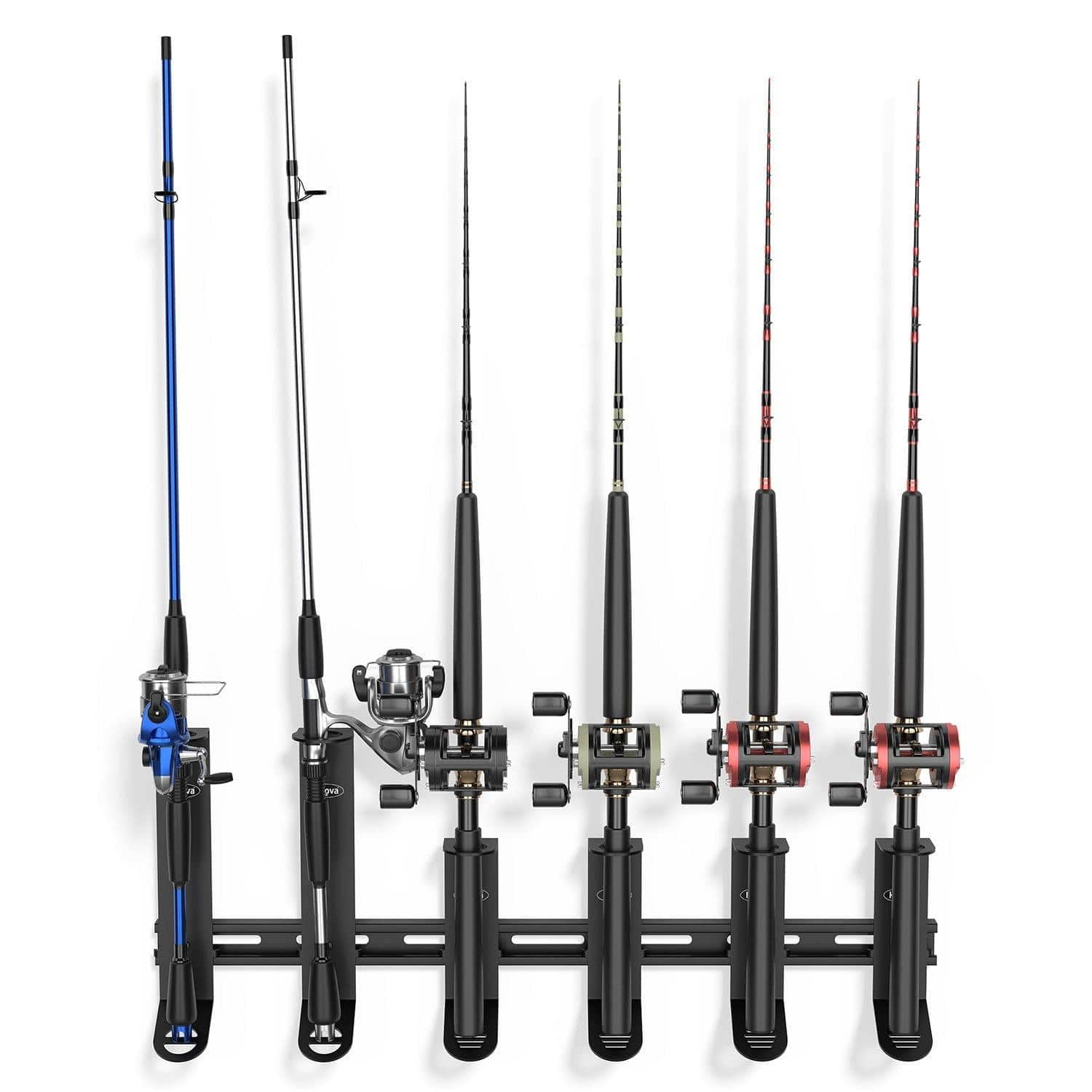 A wall-mounted fishing rod rack organizer holding 4 spinning rods and 2 offshore rods, made of heavy-duty steel with a sleek design.