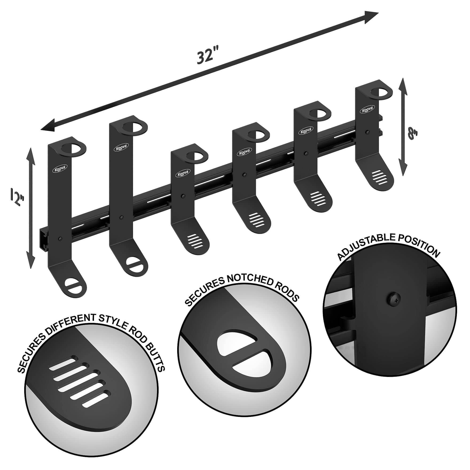 A wall-mounted fishing rod rack organizer holding 4 spinning rods and 2 offshore rods, made of heavy-duty steel with a sleek design.