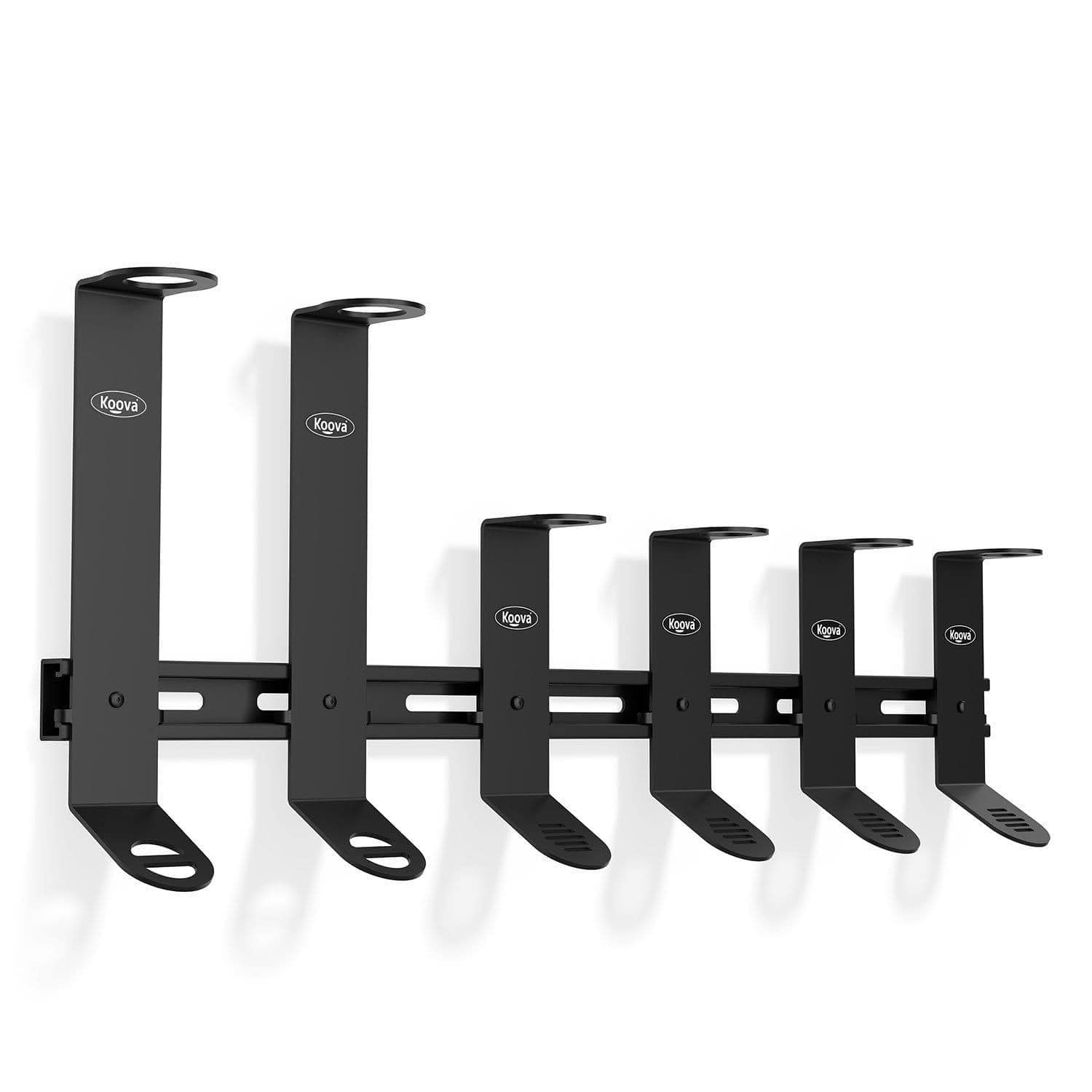 A wall-mounted fishing rod rack organizer holding 4 spinning rods and 2 offshore rods, made of heavy-duty steel with a sleek design.