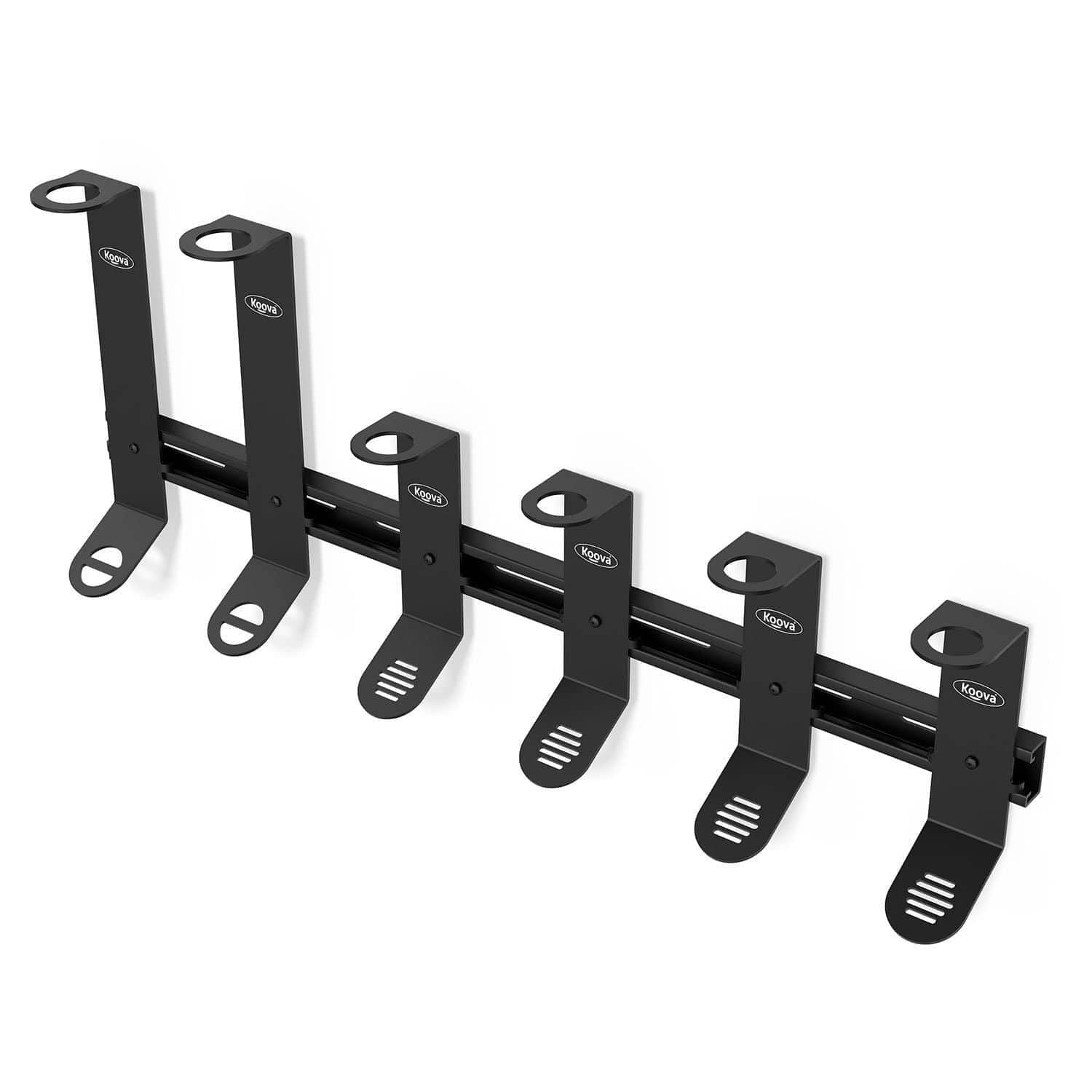 A wall-mounted fishing rod rack organizer holding 4 spinning rods and 2 offshore rods, made of heavy-duty steel with a sleek design.