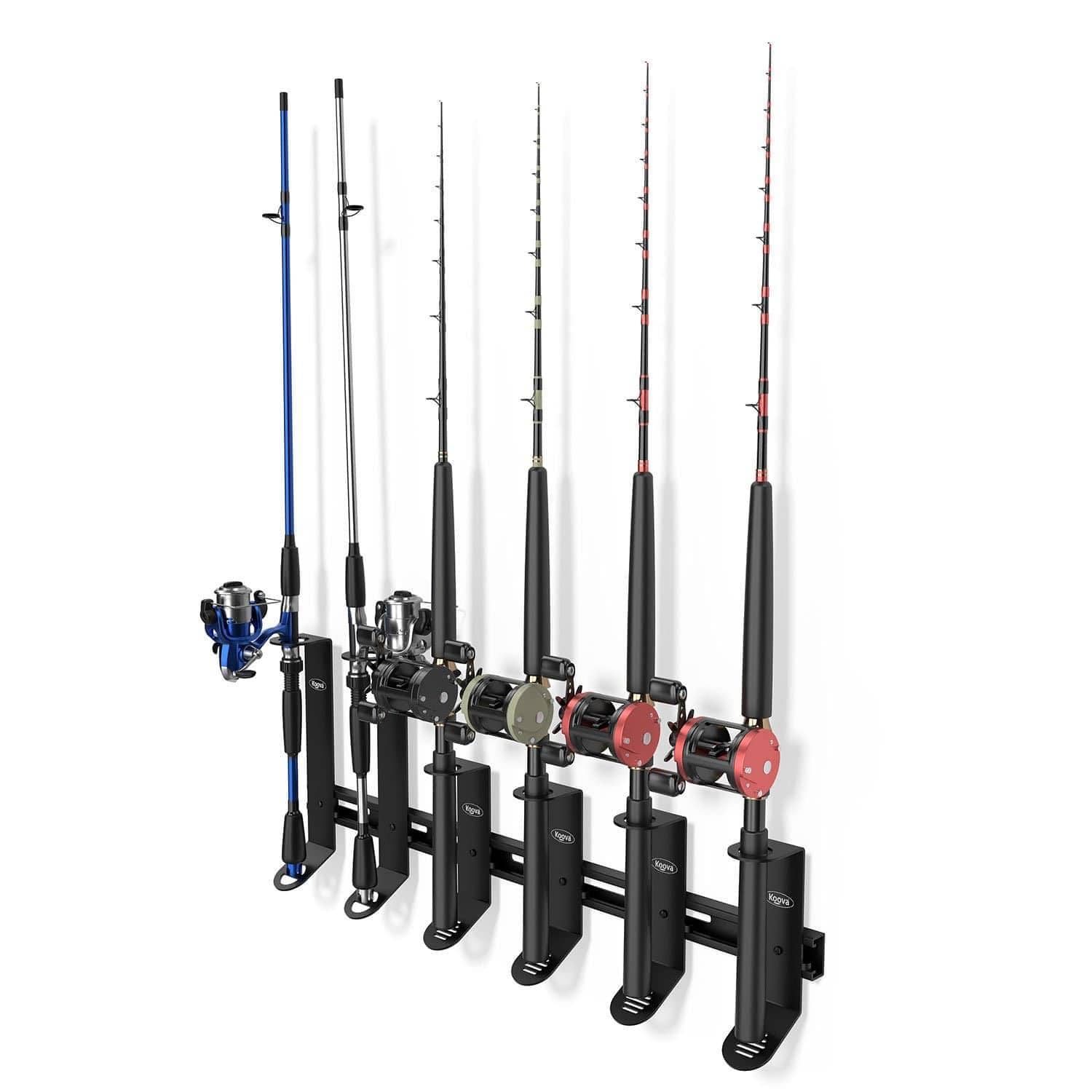 A wall-mounted fishing rod rack organizer holding 4 spinning rods and 2 offshore rods, made of heavy-duty steel with a sleek design.