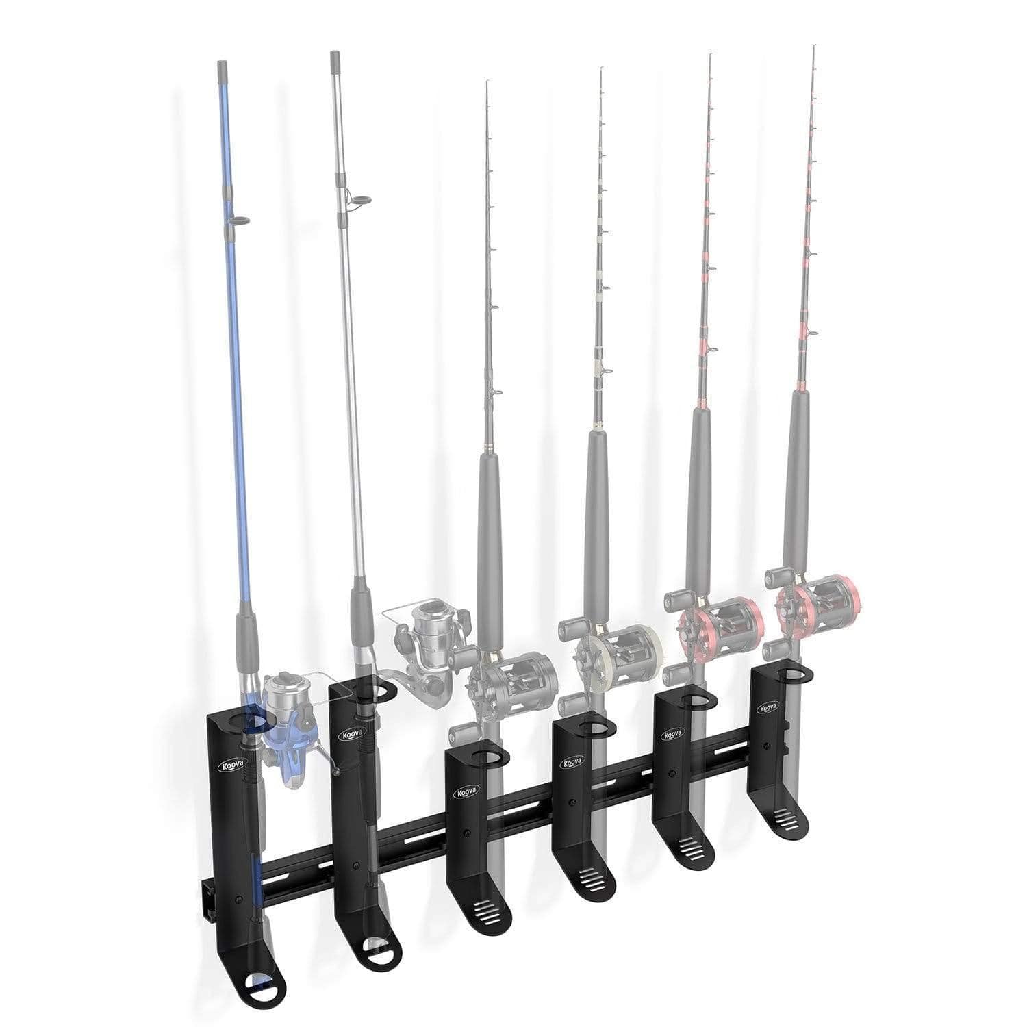 A wall-mounted fishing rod rack organizer holding 4 spinning rods and 2 offshore rods, made of heavy-duty steel with a sleek design.