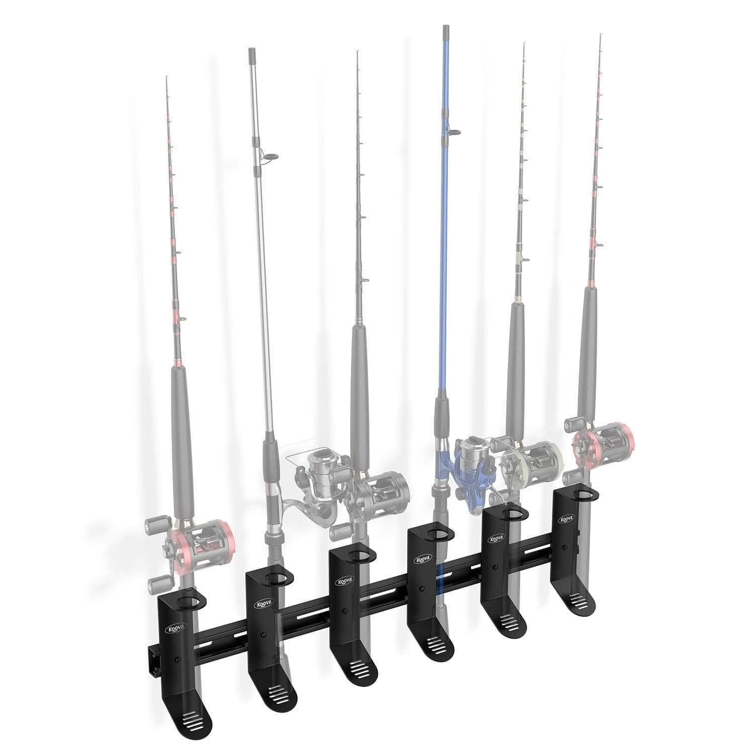 Koova wall-mounted spinning fishing rod rack organizer holding six rods, showcasing heavy-duty steel construction and skid plate for secure storage.