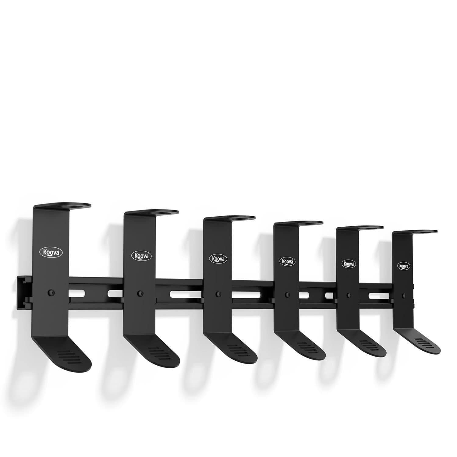 Koova wall-mounted spinning fishing rod rack organizer holding six rods, showcasing heavy-duty steel construction and skid plate for secure storage.