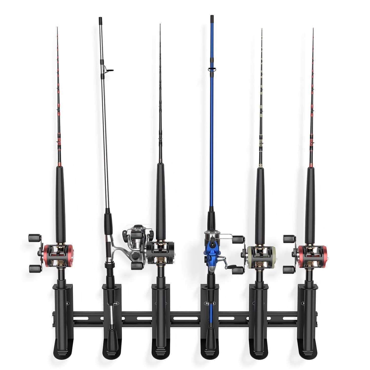 Koova wall-mounted spinning fishing rod rack organizer holding six rods, showcasing heavy-duty steel construction and skid plate for secure storage.