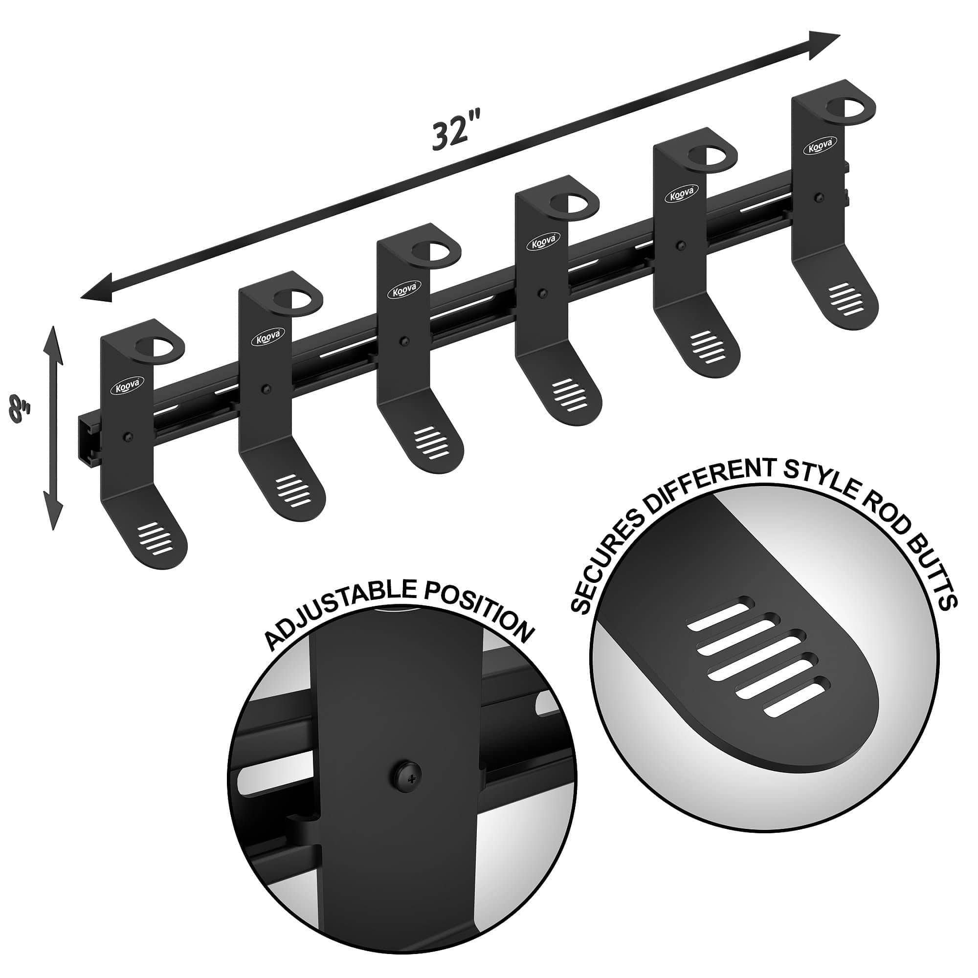 Koova wall-mounted spinning fishing rod rack organizer holding six rods, showcasing heavy-duty steel construction and skid plate for secure storage.