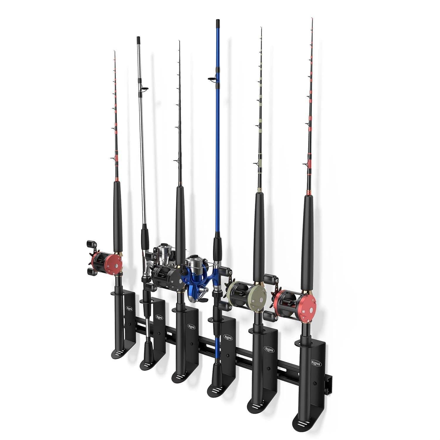 Koova wall-mounted spinning fishing rod rack organizer holding six rods, showcasing heavy-duty steel construction and skid plate for secure storage.