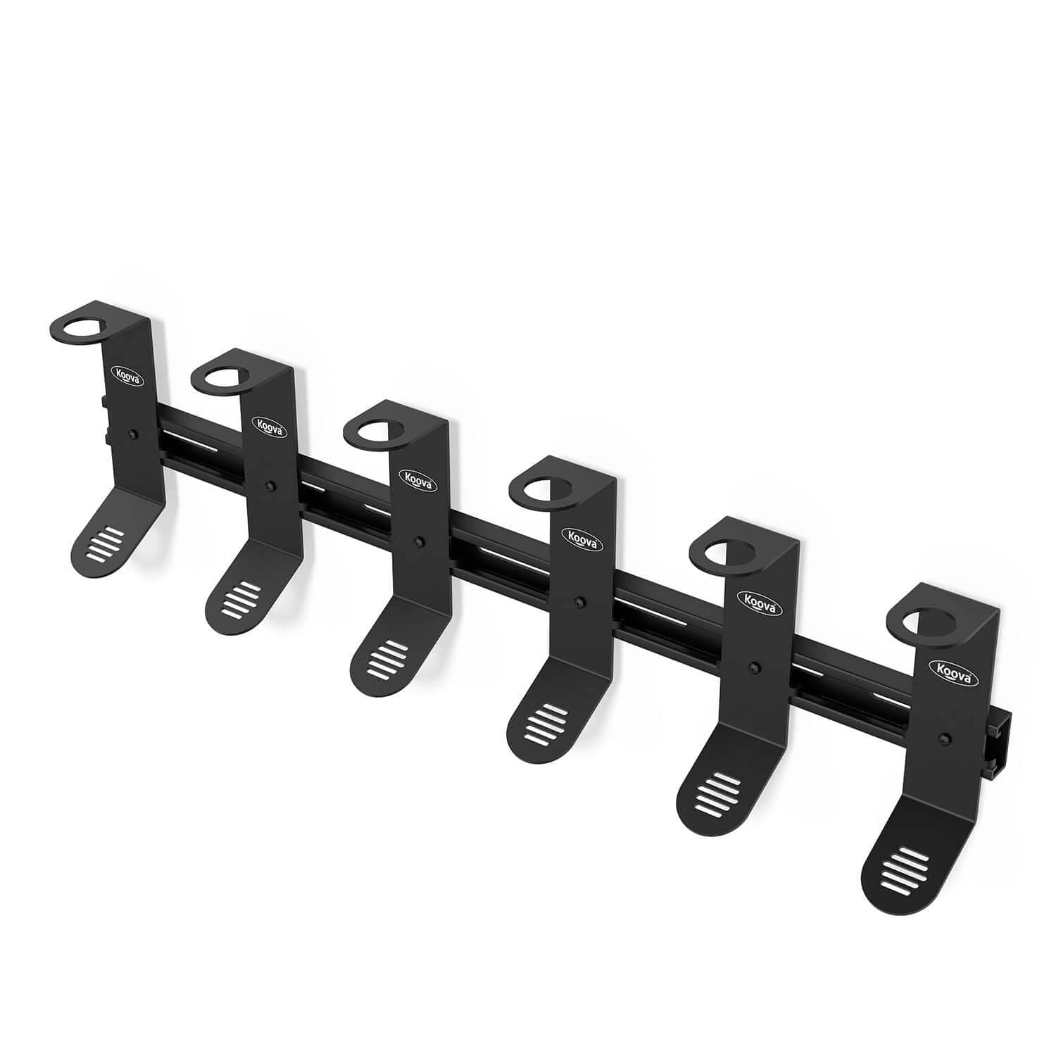 Koova wall-mounted spinning fishing rod rack organizer holding six rods, showcasing heavy-duty steel construction and skid plate for secure storage.