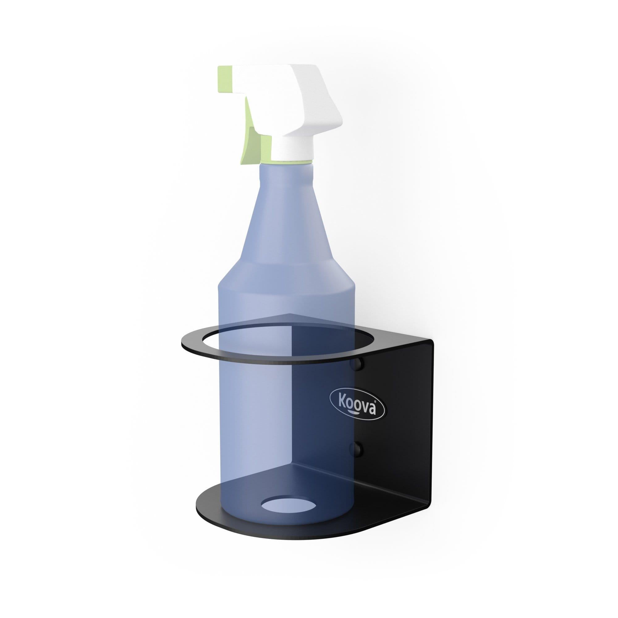 Wall-mounted spray bottle holder made of heavy-duty steel, designed to hold one spray bottle securely, featuring a sleek black finish.