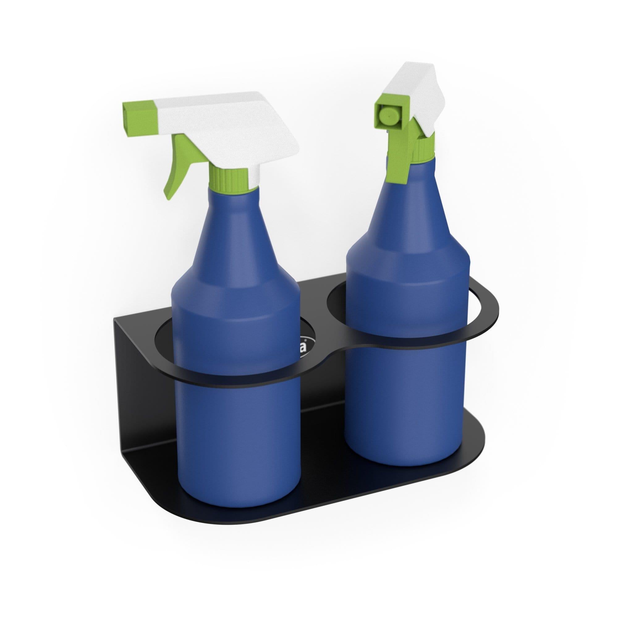 Wall-mounted spray bottle holder for 2 bottles, made of heavy-duty steel with a sleek black finish, ideal for organizing cleaning supplies.