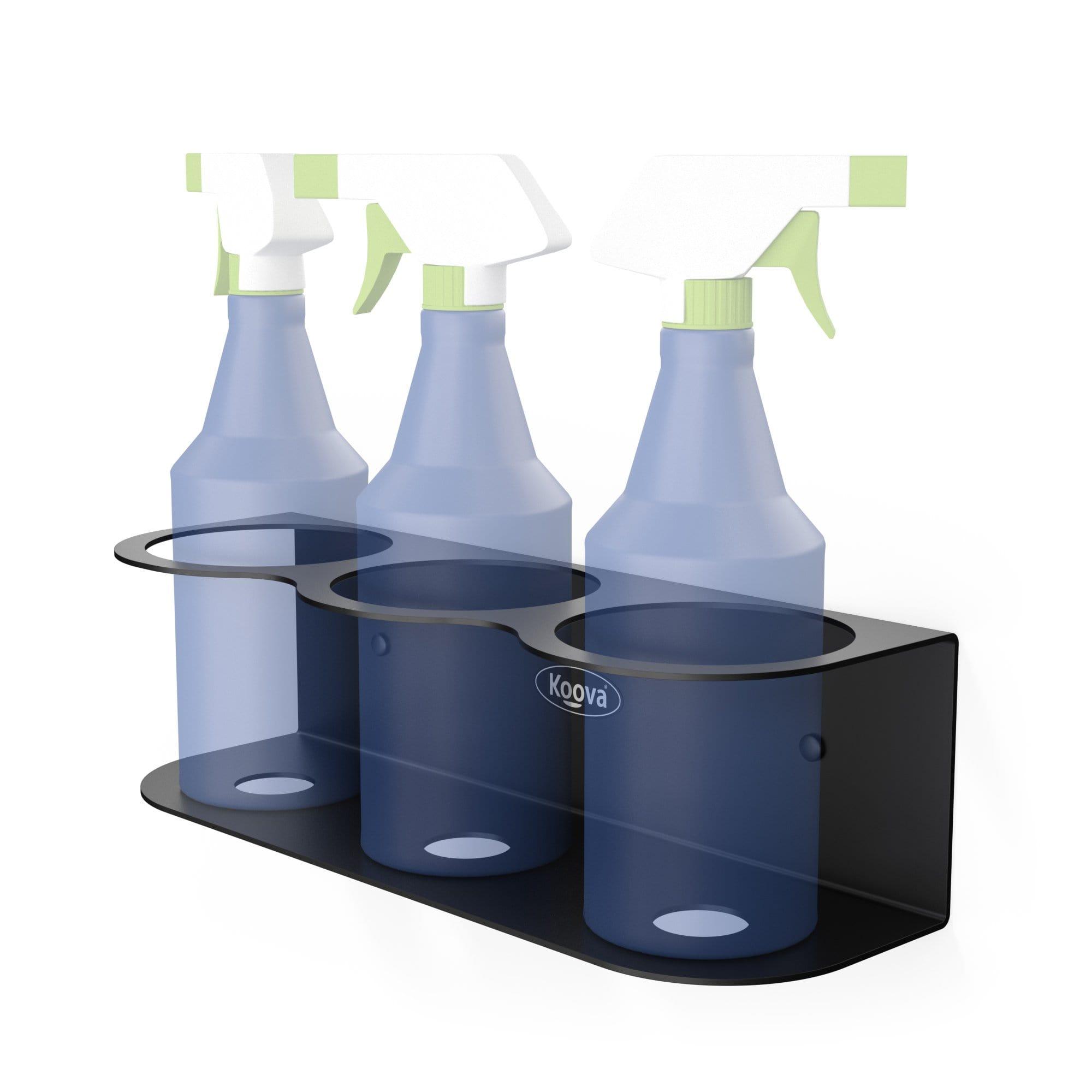 Wall-mounted spray bottle holder designed to hold three bottles, made of heavy-duty steel with a sleek black finish.