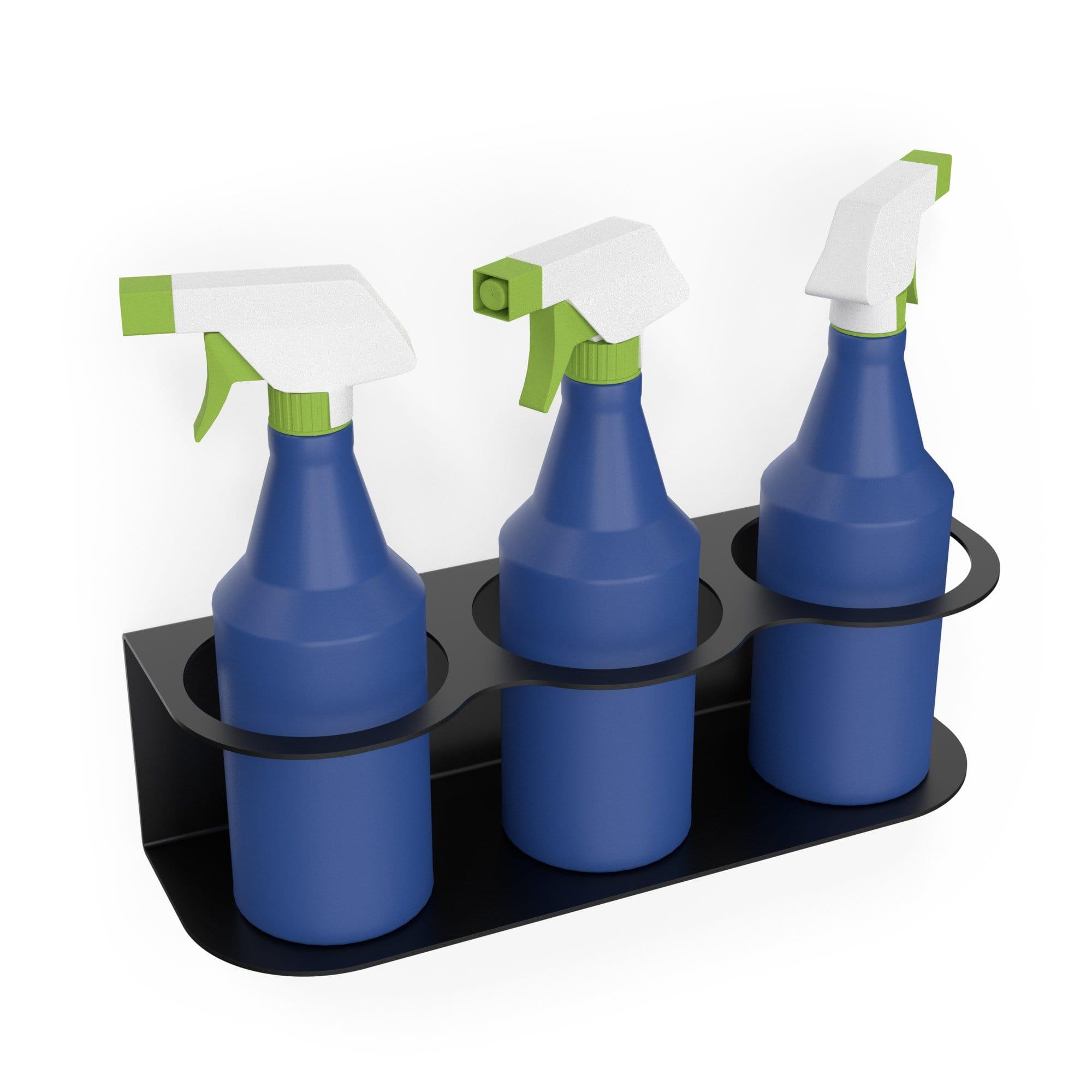 Wall-mounted spray bottle holder designed to hold three bottles, made of heavy-duty steel with a sleek black finish.