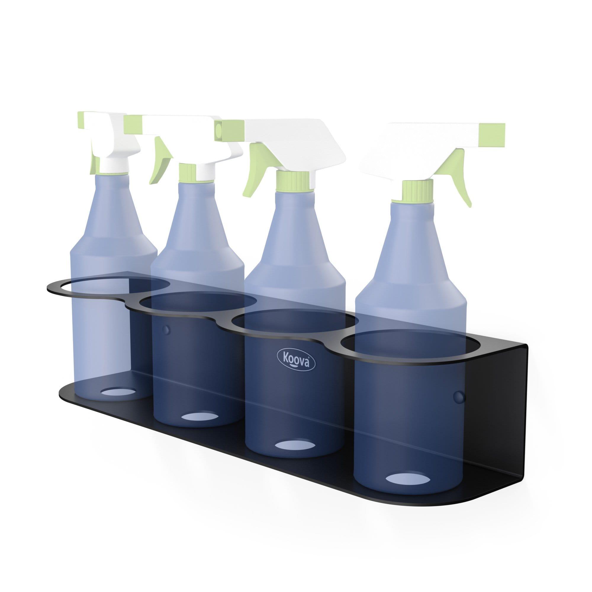 Wall-mounted spray bottle holder designed to hold 4 bottles, made of heavy-duty steel with a sleek black finish, ideal for organizing cleaning supplies.