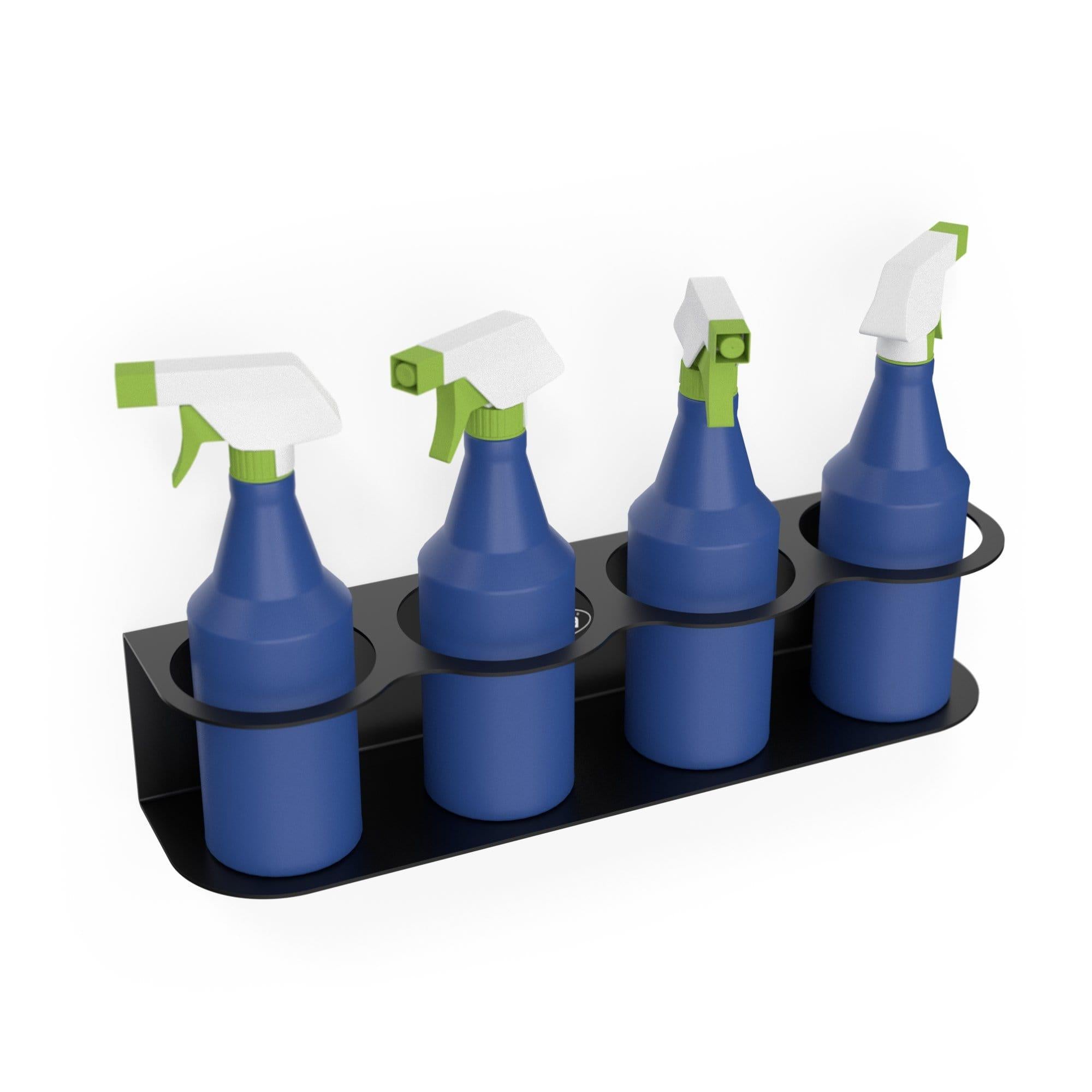 Wall-mounted spray bottle holder designed to hold 4 bottles, made of heavy-duty steel with a sleek black finish, ideal for organizing cleaning supplies.