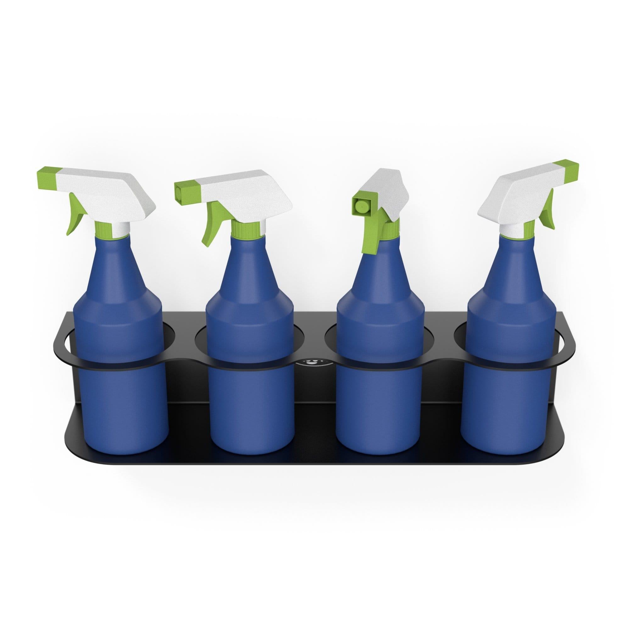 Wall-mounted spray bottle holder designed to hold 4 bottles, made of heavy-duty steel with a sleek black finish, ideal for organizing cleaning supplies.