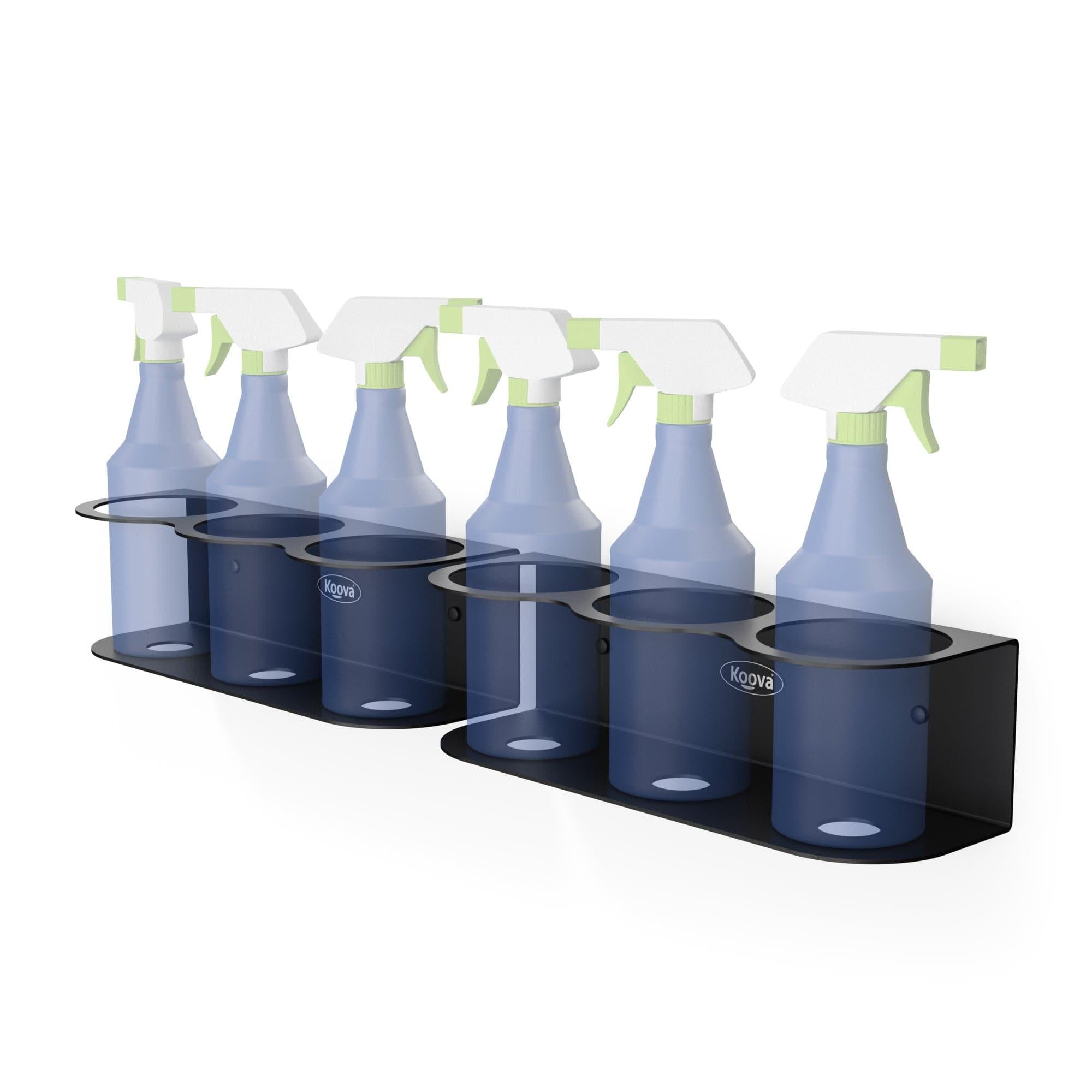 A wall-mounted spray bottle holder designed to hold six bottles, made of heavy-duty steel with a sleek black finish, ideal for organizing cleaning supplies.