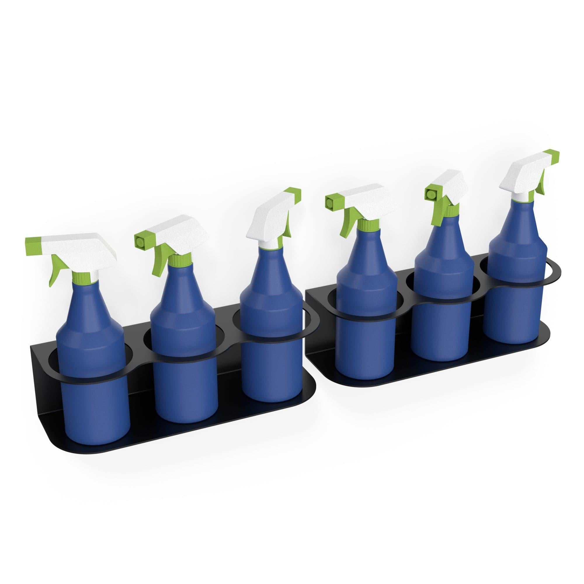 A wall-mounted spray bottle holder designed to hold six bottles, made of heavy-duty steel with a sleek black finish, ideal for organizing cleaning supplies.