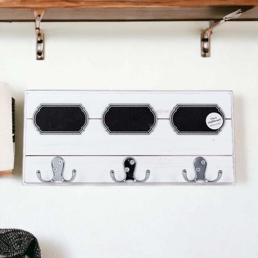 Triple Hang Chalk coat hanger with three hooks and chalkboard labels for reminders, made of high-quality wood.