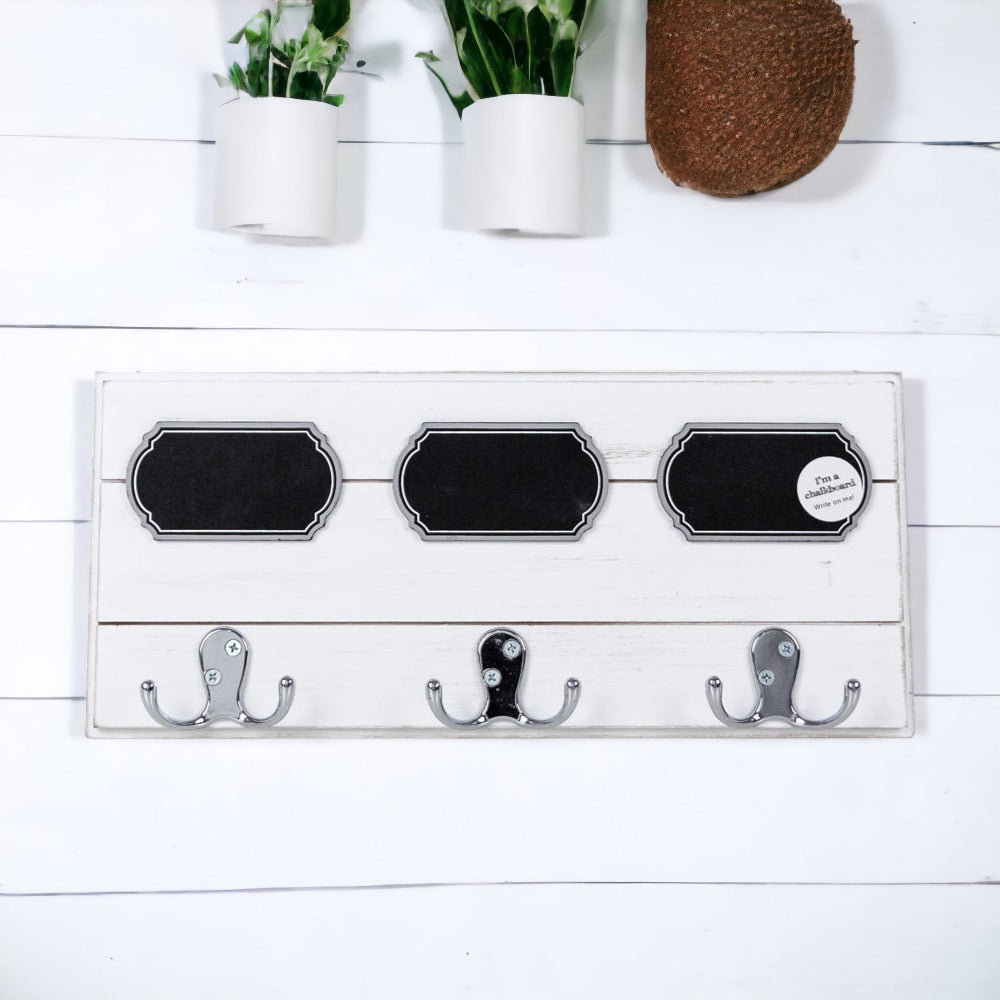 Triple Hang Chalk coat hanger with three hooks and chalkboard labels for reminders, made of high-quality wood.