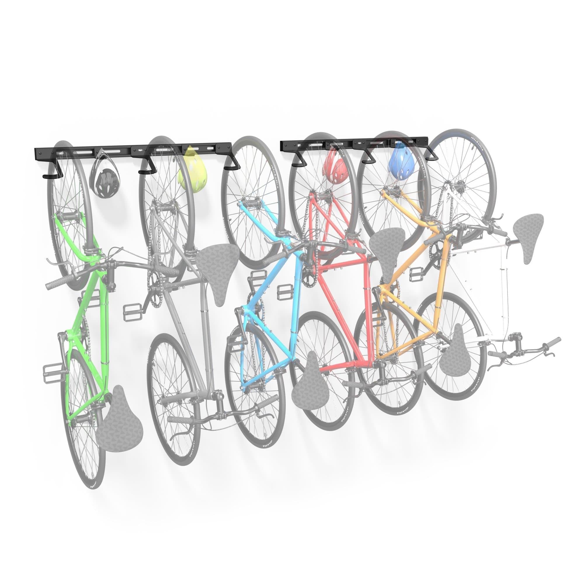 Koova Wall Mounted Bike Rack holding 6 bicycles, showcasing its sturdy design and versatility for various bike types.