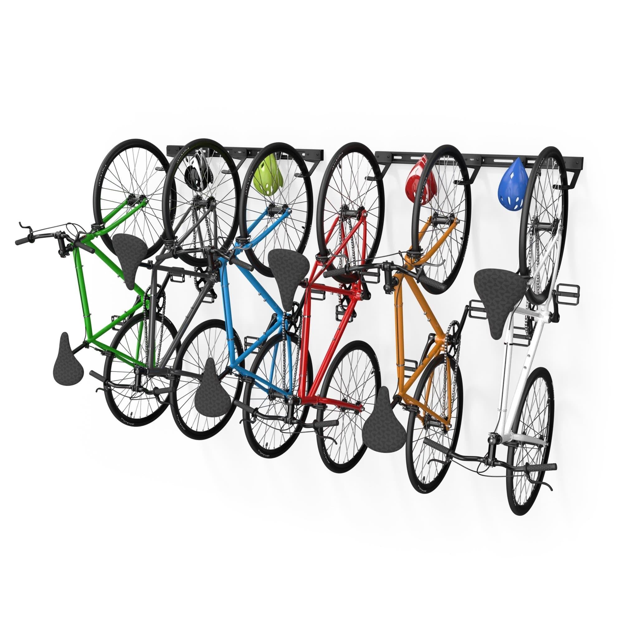 Koova Wall Mounted Bike Rack holding 6 bicycles, showcasing its sturdy design and versatility for various bike types.