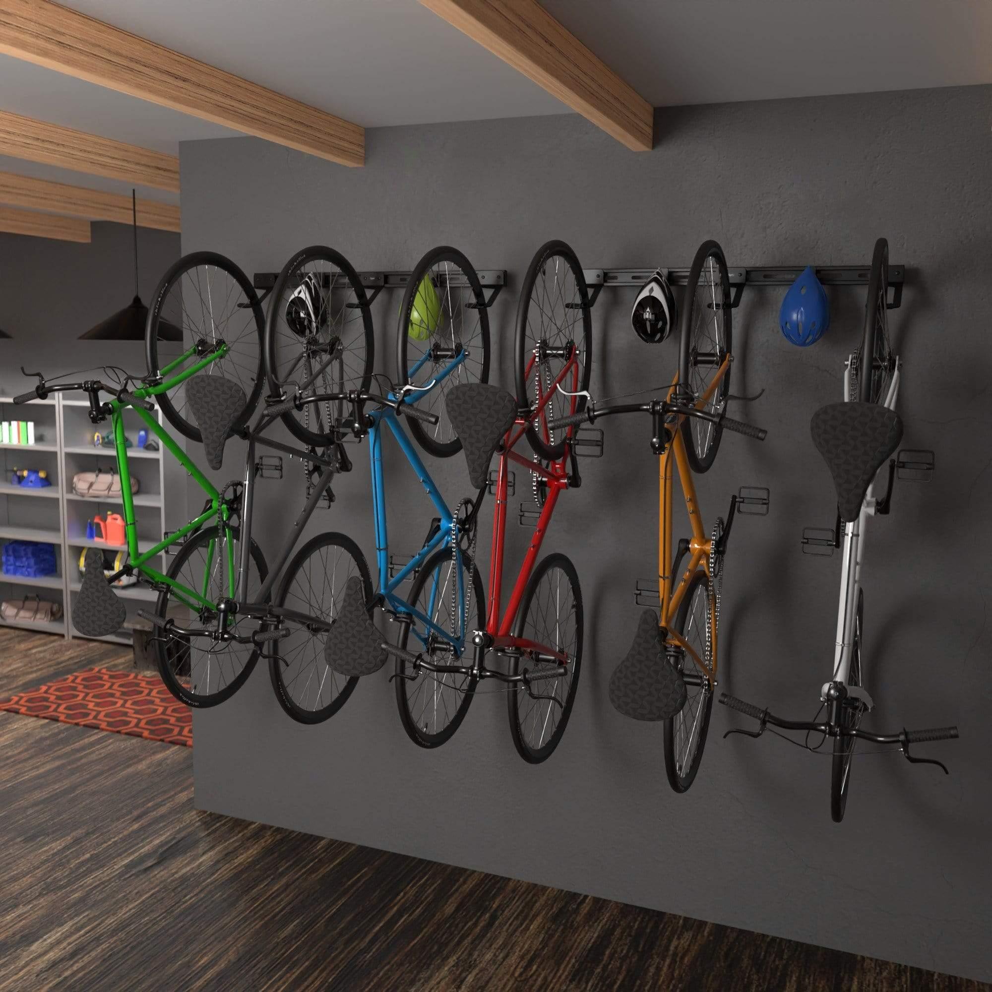 Koova Wall Mounted Bike Rack holding 6 bicycles, showcasing its sturdy design and versatility for various bike types.