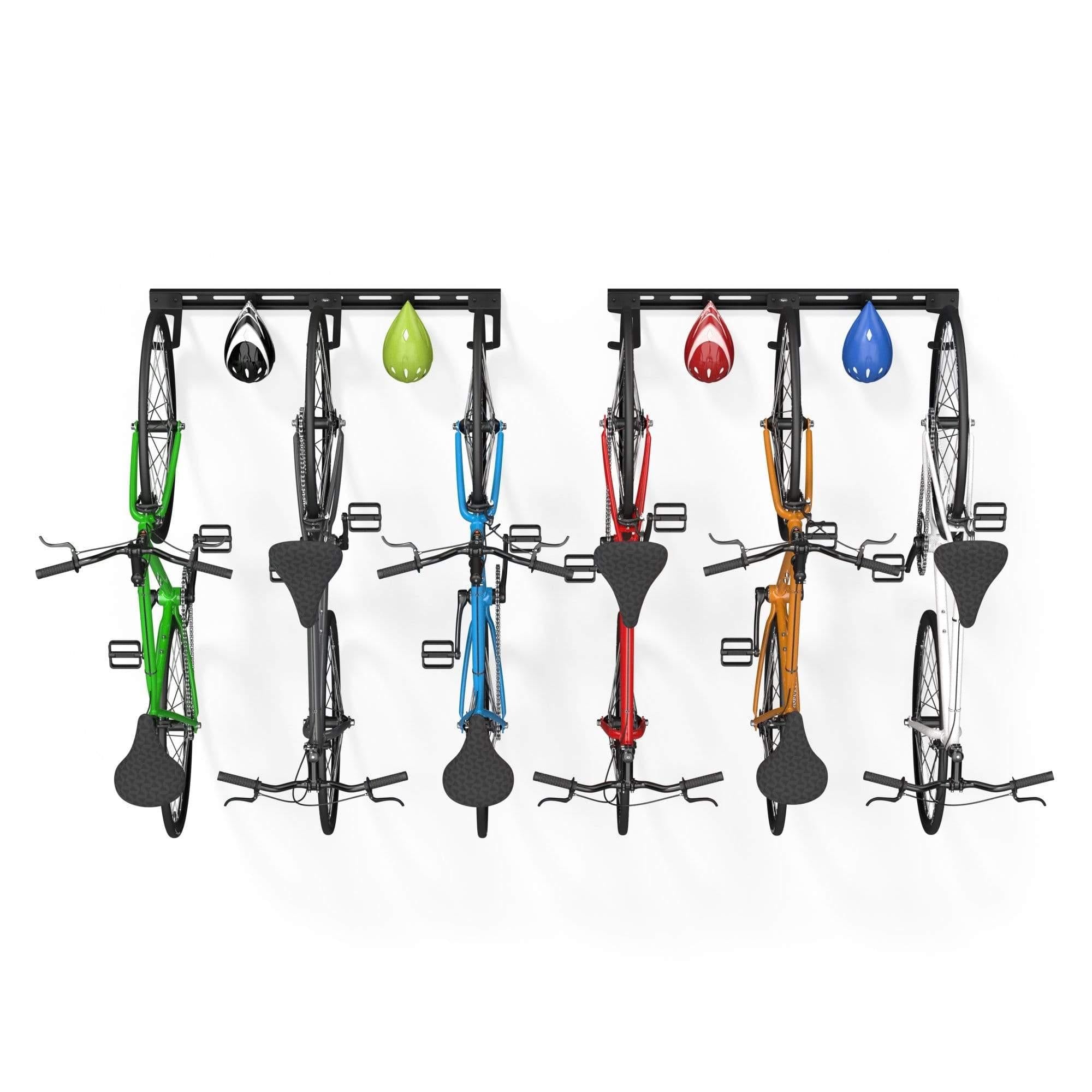 Koova Wall Mounted Bike Rack holding 6 bicycles, showcasing its sturdy design and versatility for various bike types.