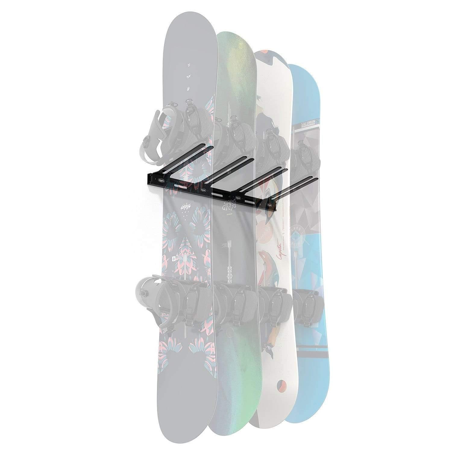 Wall Mounted Snowboard Rack holding four snowboards, showcasing heavy-duty steel construction and protective rubber-coated hangers.