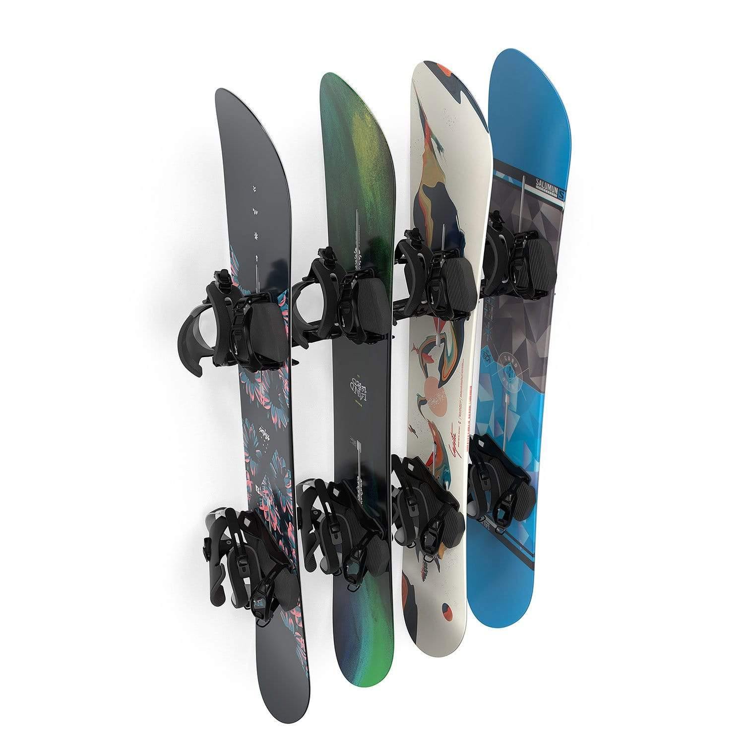 Wall Mounted Snowboard Rack holding four snowboards, showcasing heavy-duty steel construction and protective rubber-coated hangers.