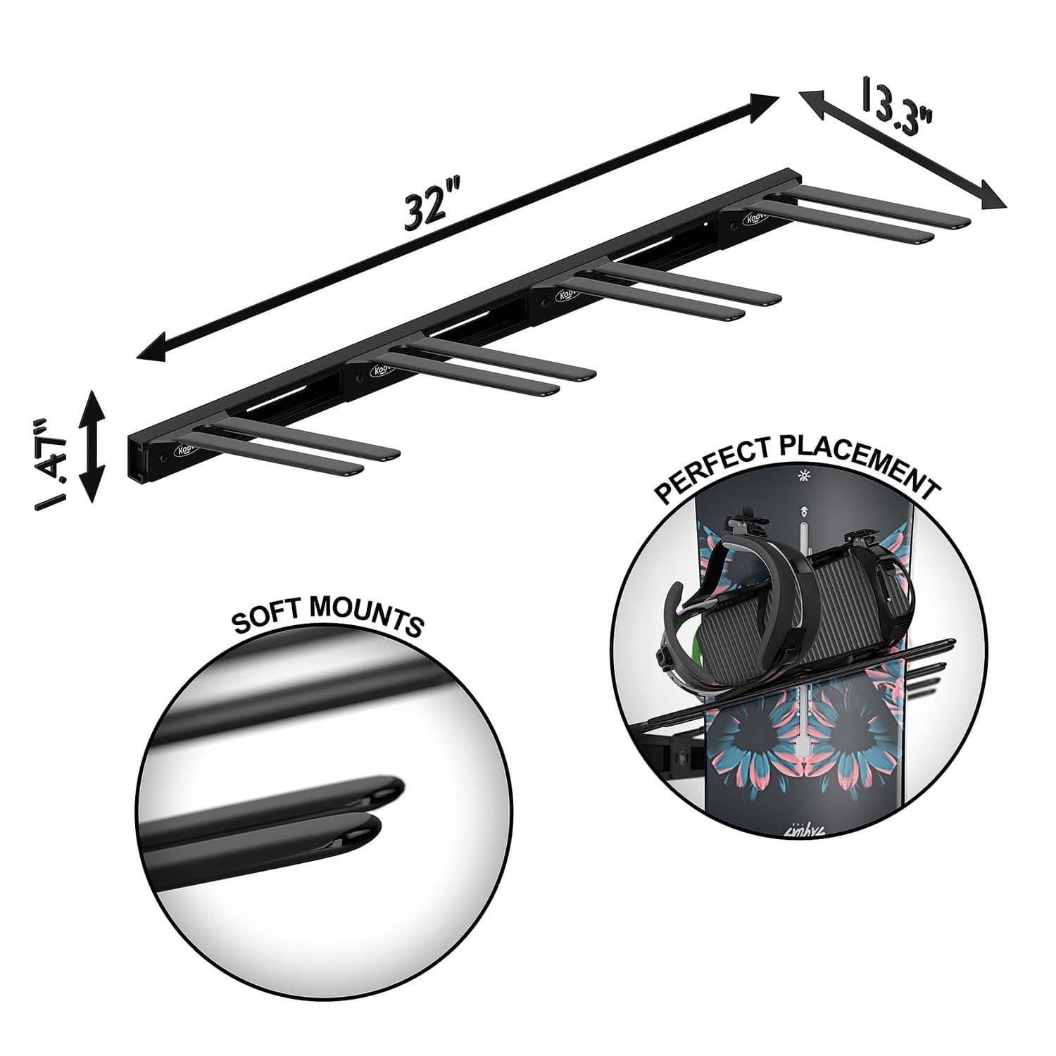 Wall Mounted Snowboard Rack holding four snowboards, showcasing heavy-duty steel construction and protective rubber-coated hangers.