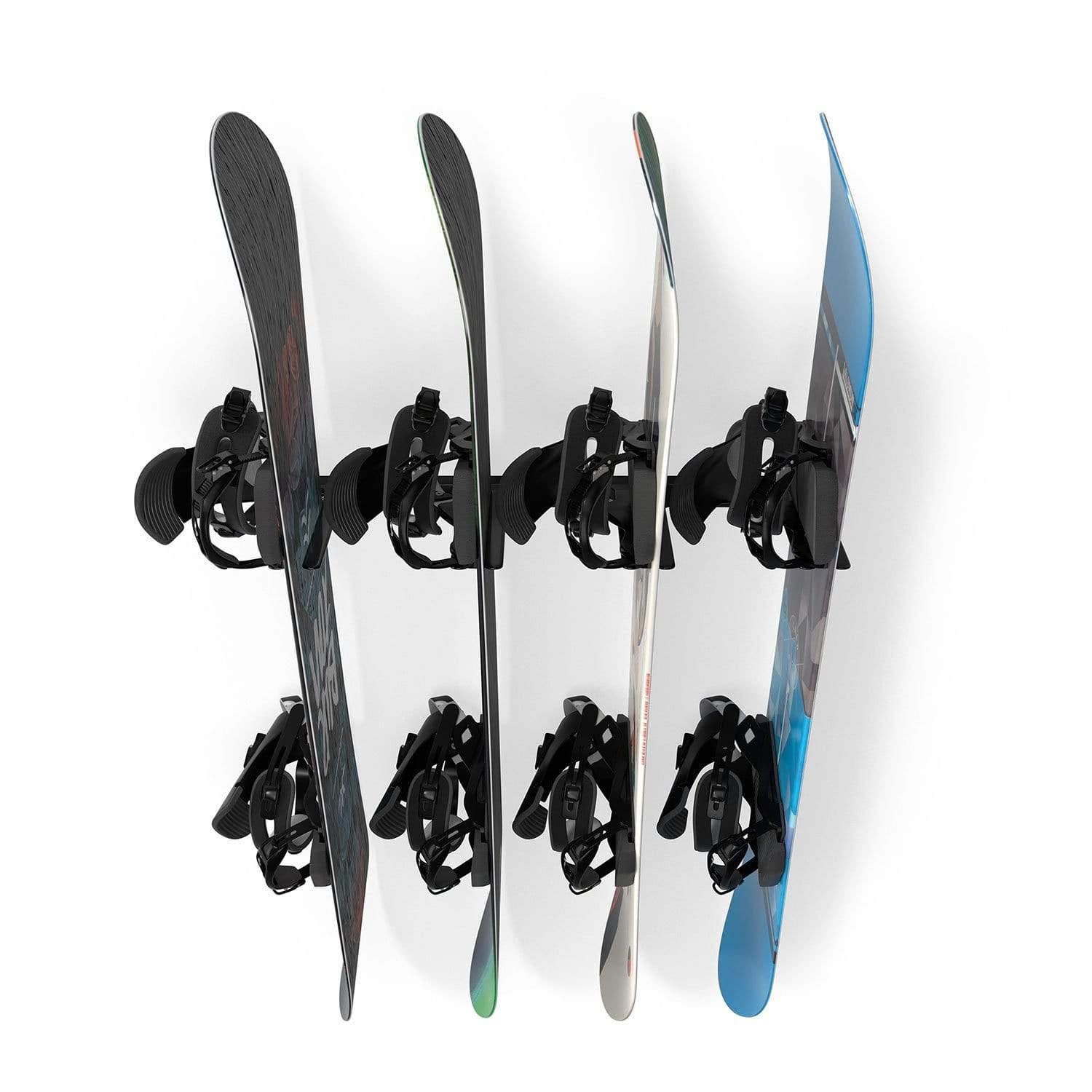 Wall Mounted Snowboard Rack holding four snowboards, showcasing heavy-duty steel construction and protective rubber-coated hangers.