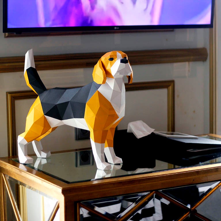 A beautifully crafted 3D Beagle Dog Model made from pre-cut paper, showcasing its detailed features and vibrant colors.