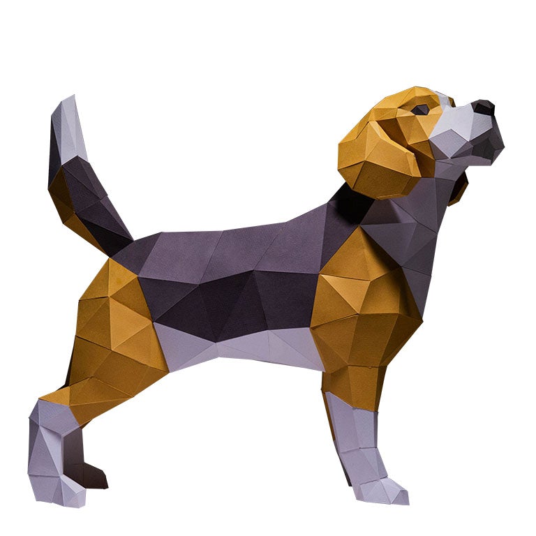 A beautifully crafted 3D Beagle Dog Model made from pre-cut paper, showcasing its detailed features and vibrant colors.