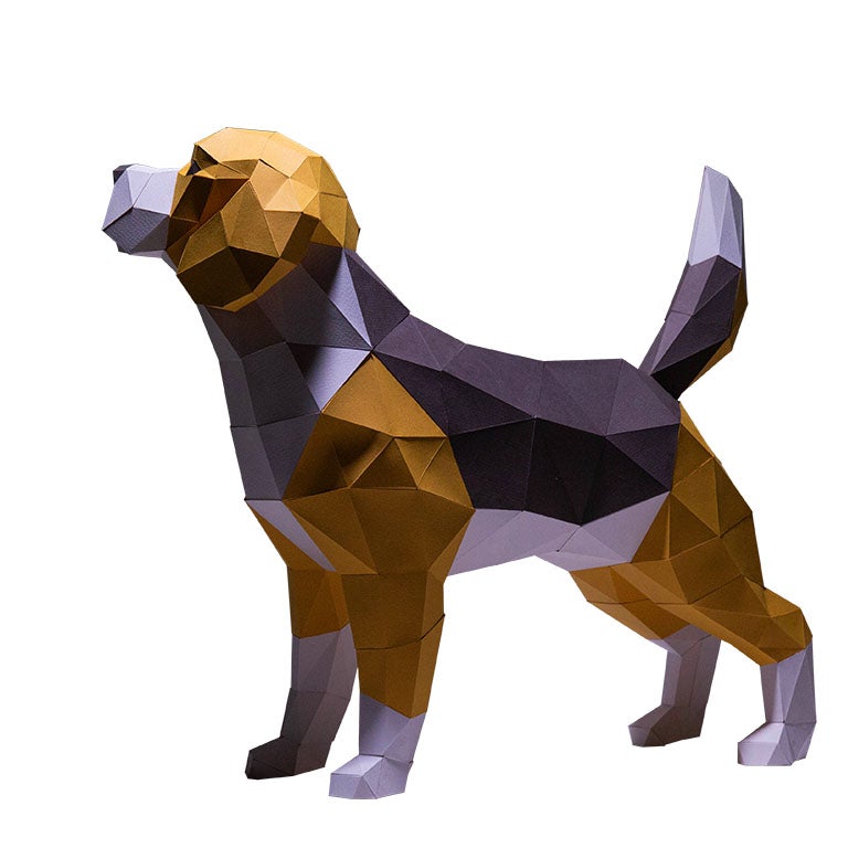 A beautifully crafted 3D Beagle Dog Model made from pre-cut paper, showcasing its detailed features and vibrant colors.