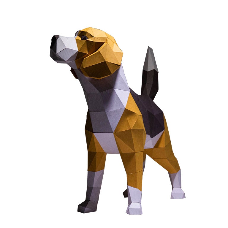 A beautifully crafted 3D Beagle Dog Model made from pre-cut paper, showcasing its detailed features and vibrant colors.