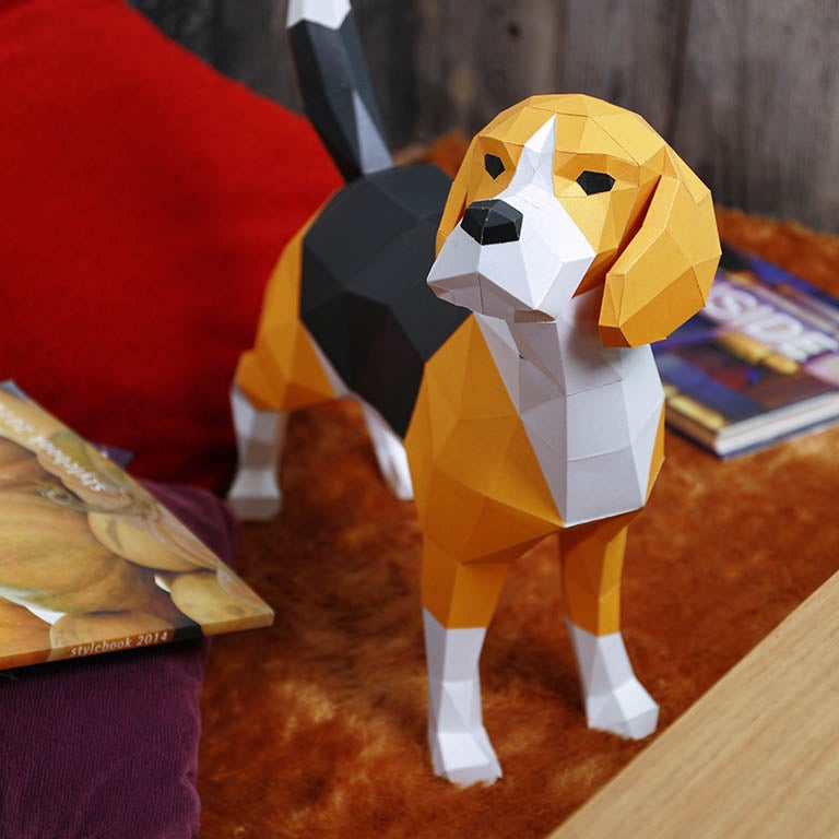 A beautifully crafted 3D Beagle Dog Model made from pre-cut paper, showcasing its detailed features and vibrant colors.