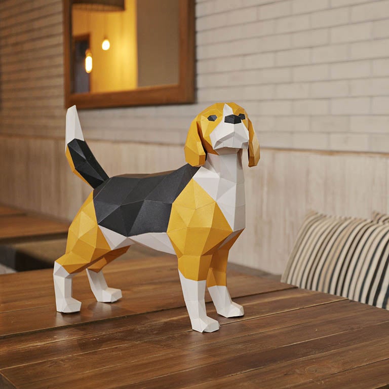 A beautifully crafted 3D Beagle Dog Model made from pre-cut paper, showcasing its detailed features and vibrant colors.