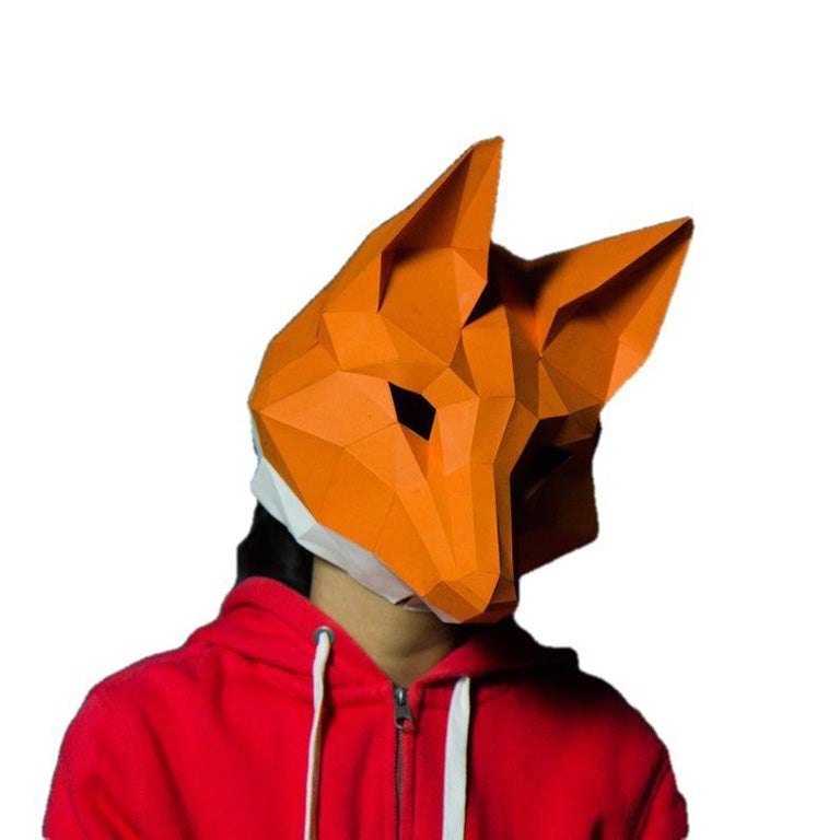 A vibrant 3D Paper Fox Mask made from recycled materials, showcasing intricate details and a playful design, perfect for creative activities.